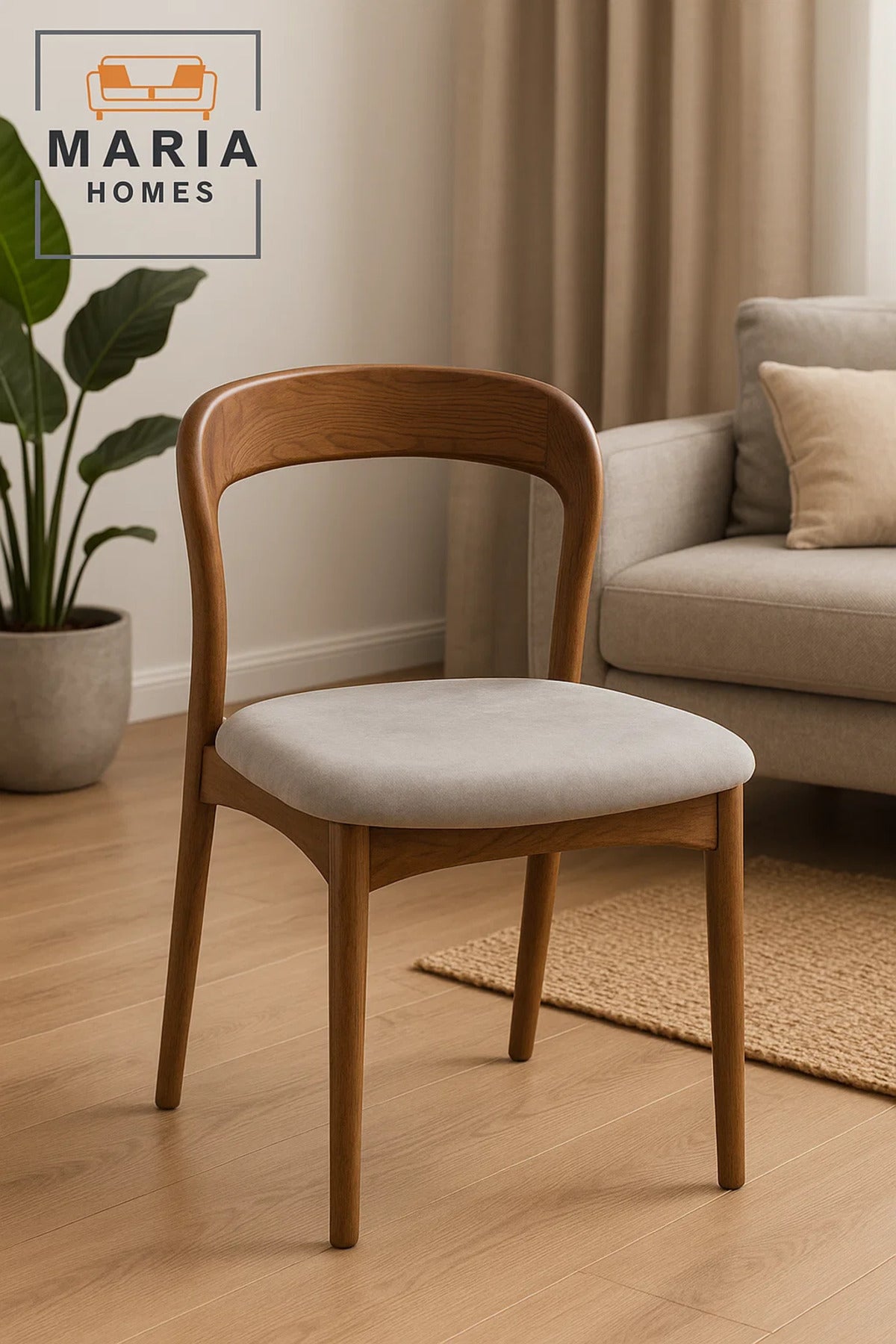 Modern Wooden Dining Chair with Curved Backrest and Light Grey Velvet Cushion Ð Minimalist Comfort