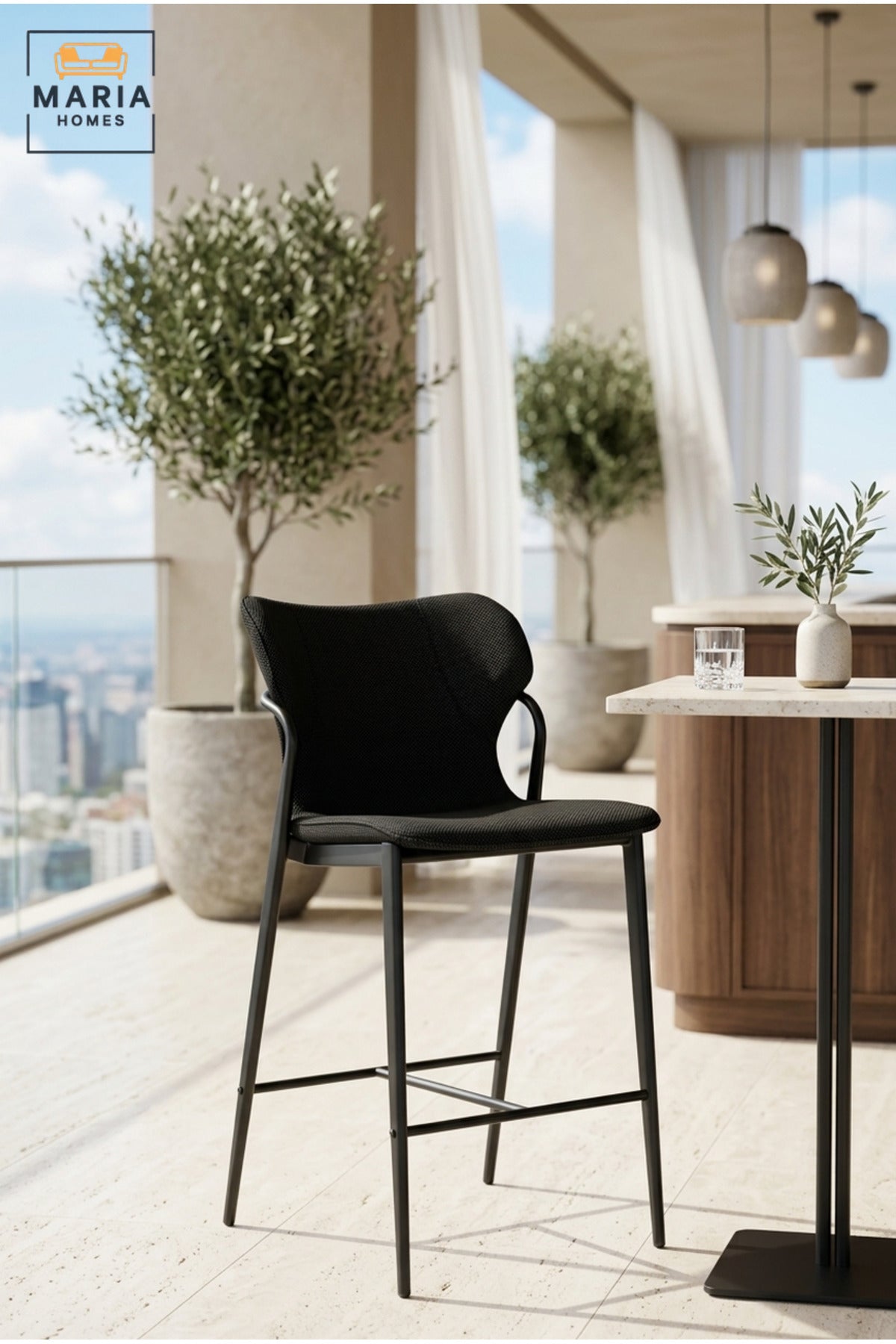 Modern Black Upholstered Bar Chair – Contemporary Counter Height Stool with Metal Frame & Footrest