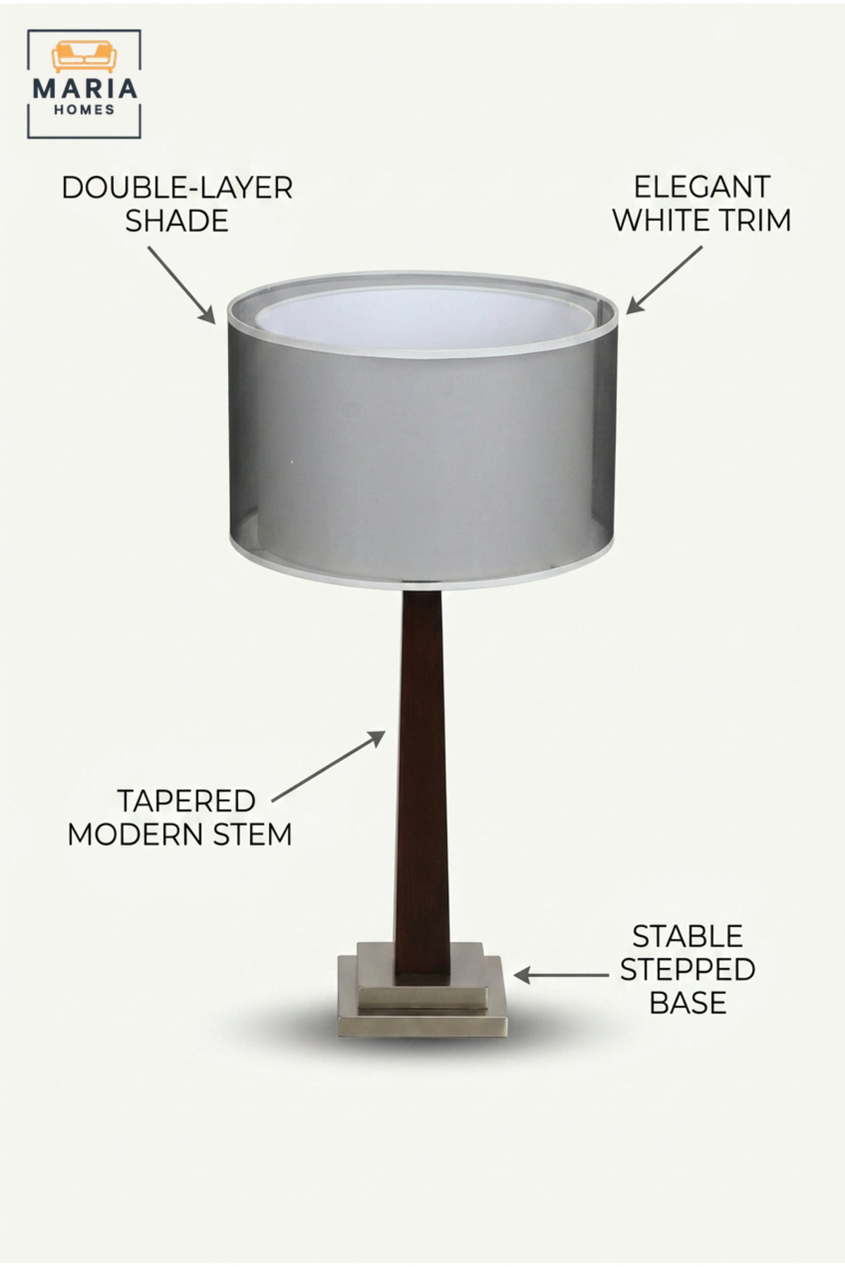 Modern Wooden Table Lamp with Grey Double Layer Drum Shade, Slim Tapered Base and Silver Tone Accents for Bedroom, Living Room, Office and Hotel