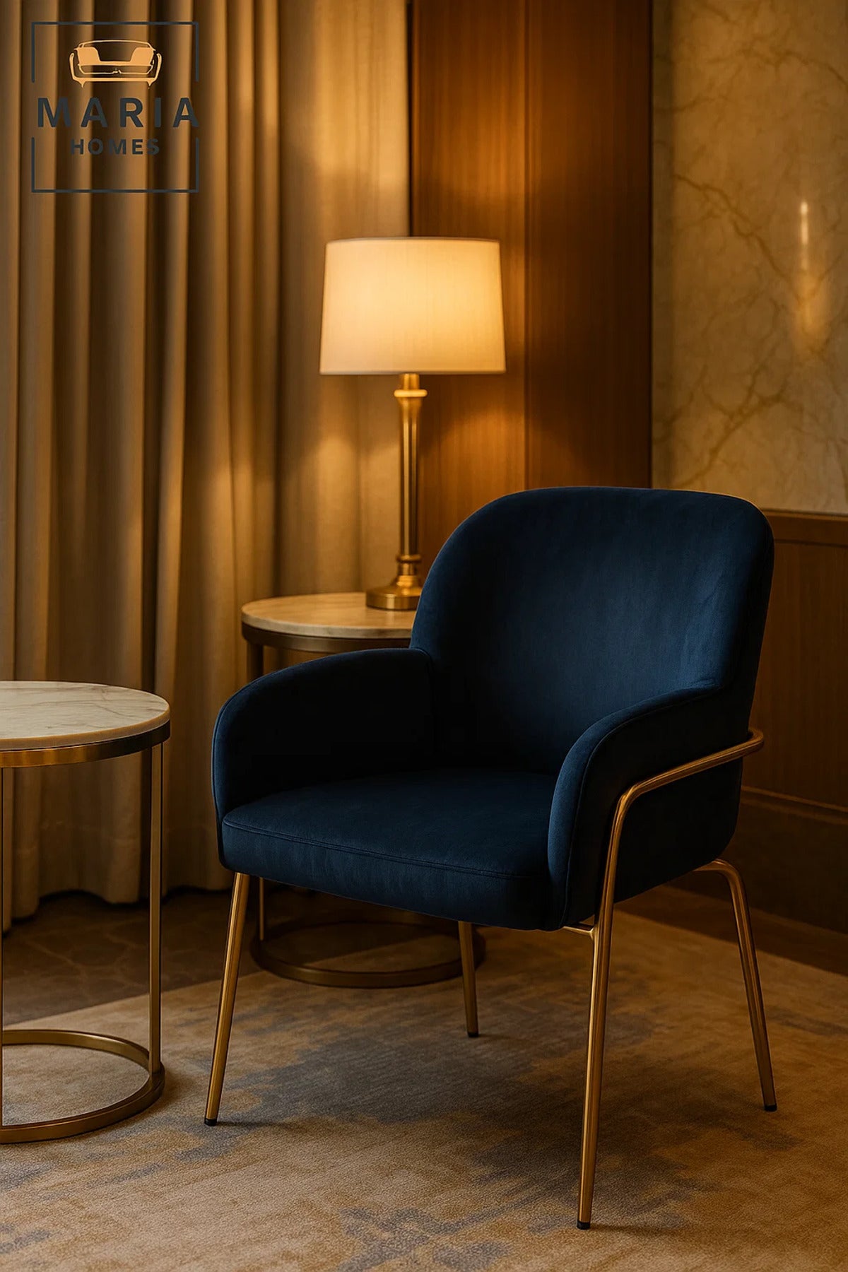 Luxury Navy Blue Velvet Dining Chair with Armrests & Gold Metal Legs, Modern Accent Chair for Home