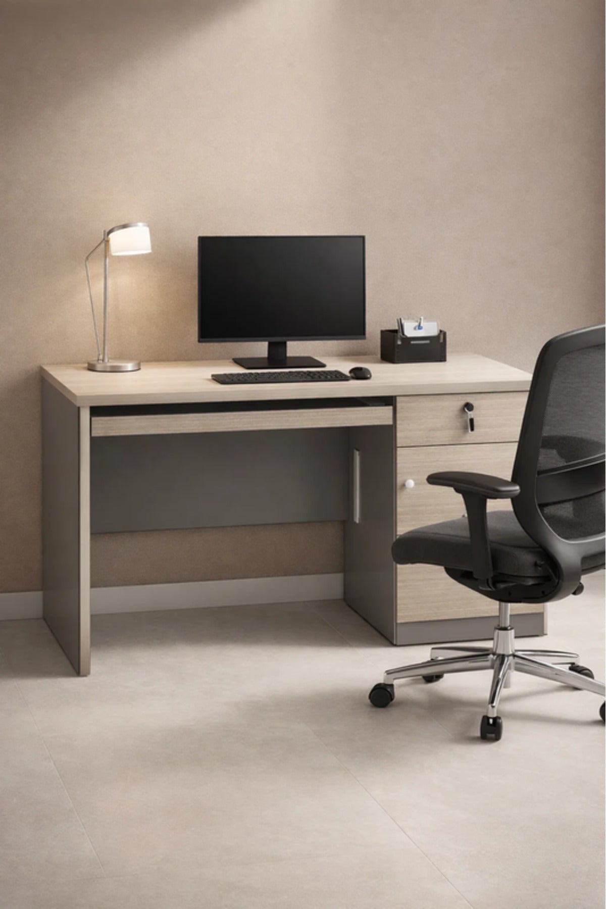 Modern Light Wood Office Desk with Storage and Cable Management