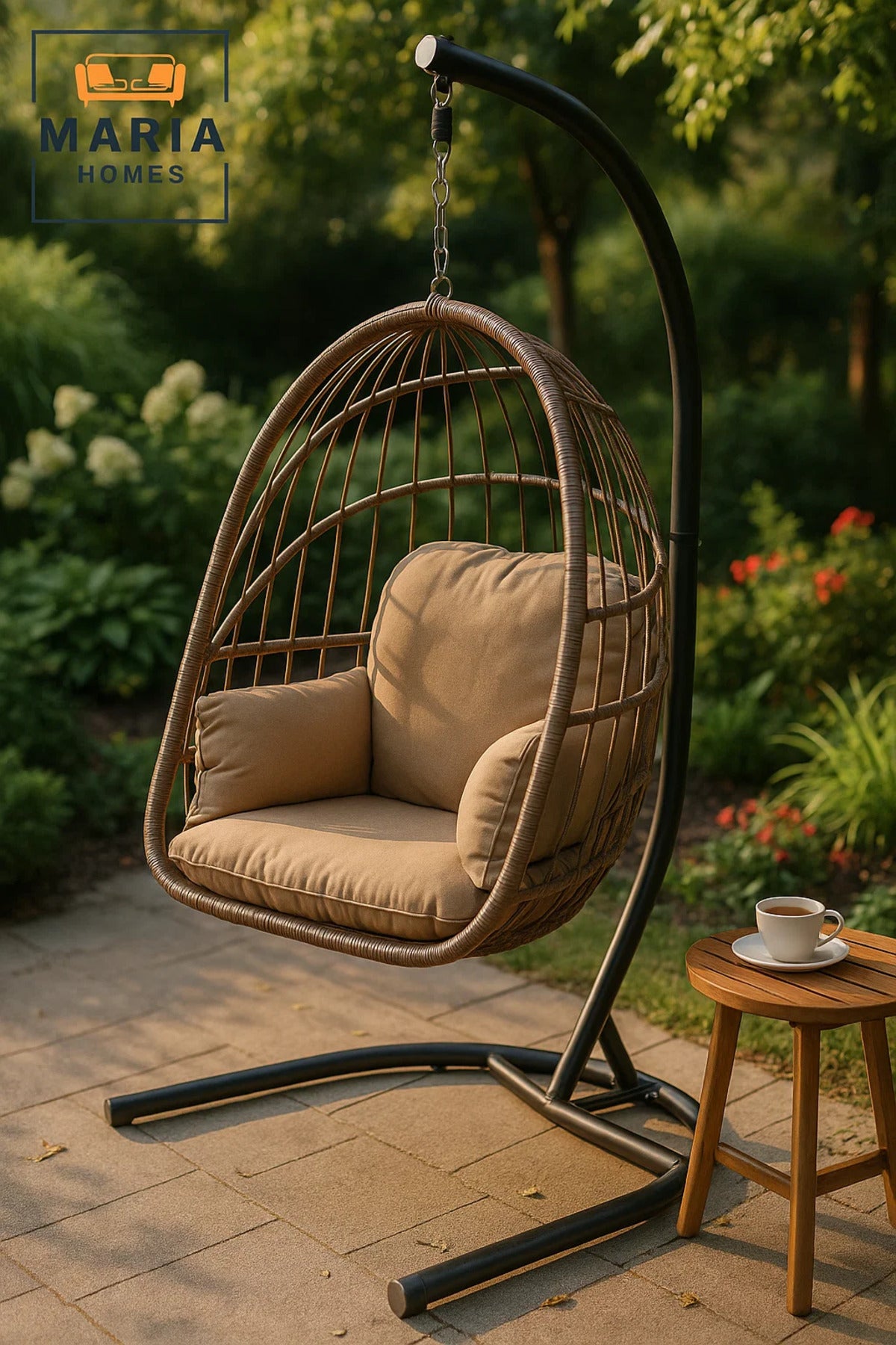 Stylish Rattan Hanging Egg Chair with Stand √ê Indoor Outdoor Swing Chair | Comfortable Cushion Seat