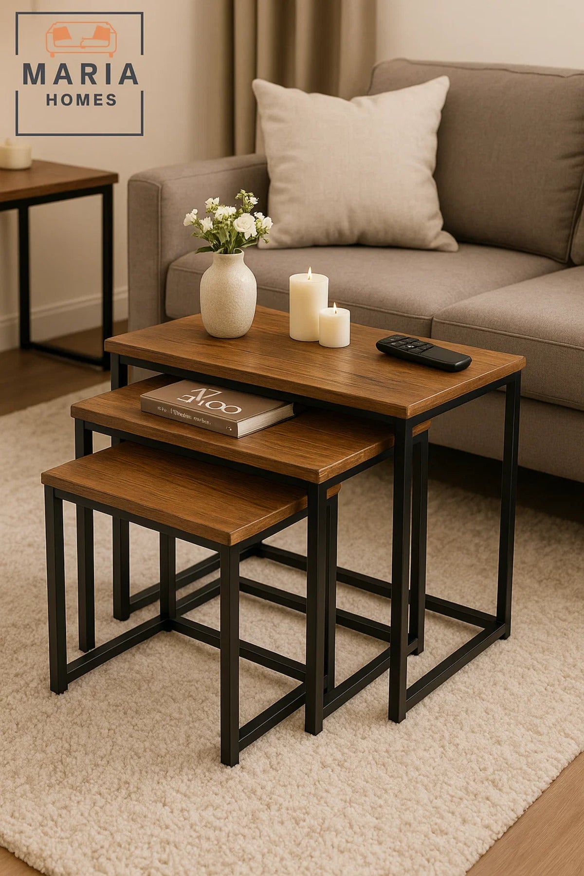 Set of 3 Compact Nesting Tables with Warm Wood Finish