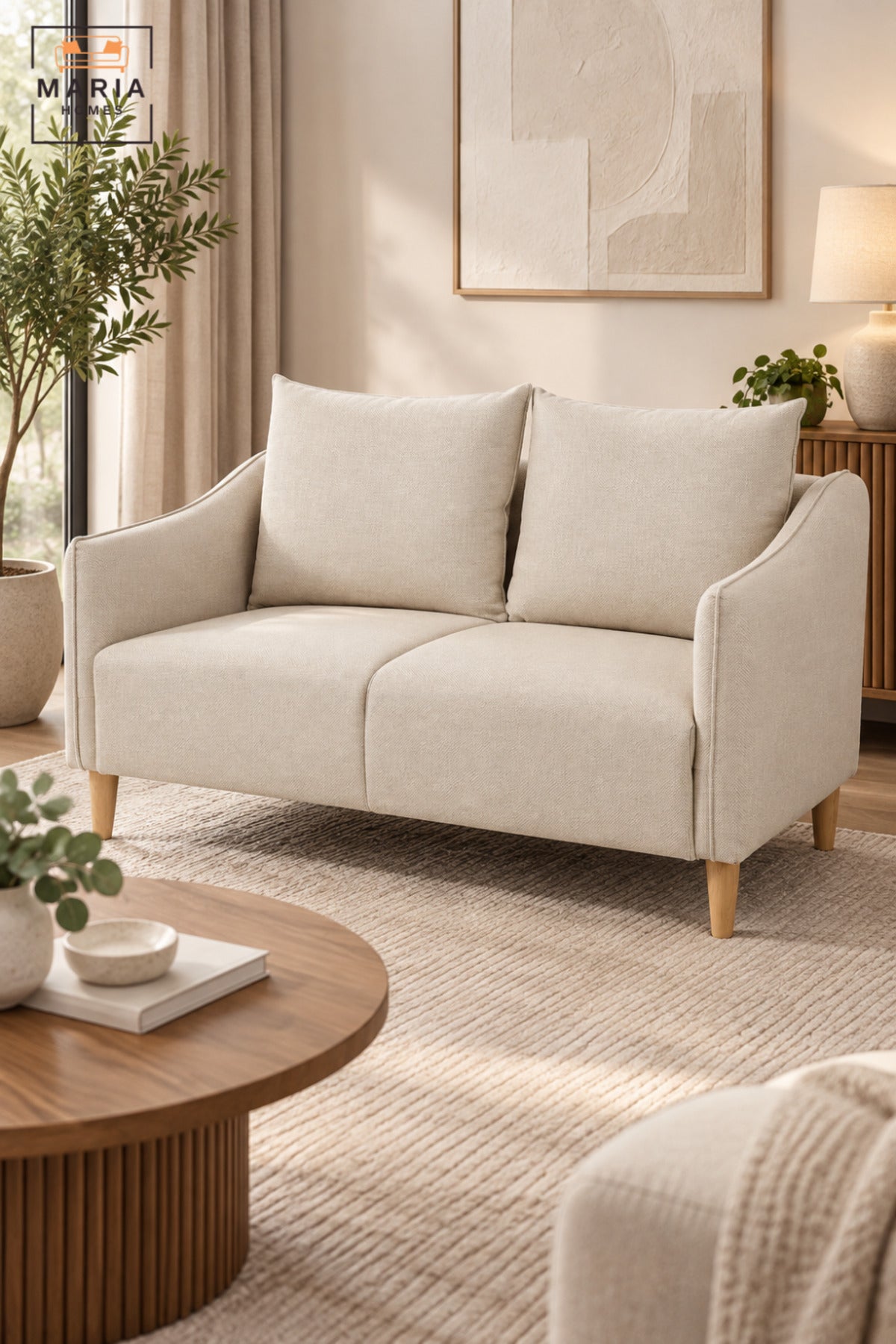 Modern 2 Seater Fabric Sofa with Soft Back Cushions, Comfortable Loveseat with Armrests and Wooden Legs for Living Room, Bedroom & Lounge