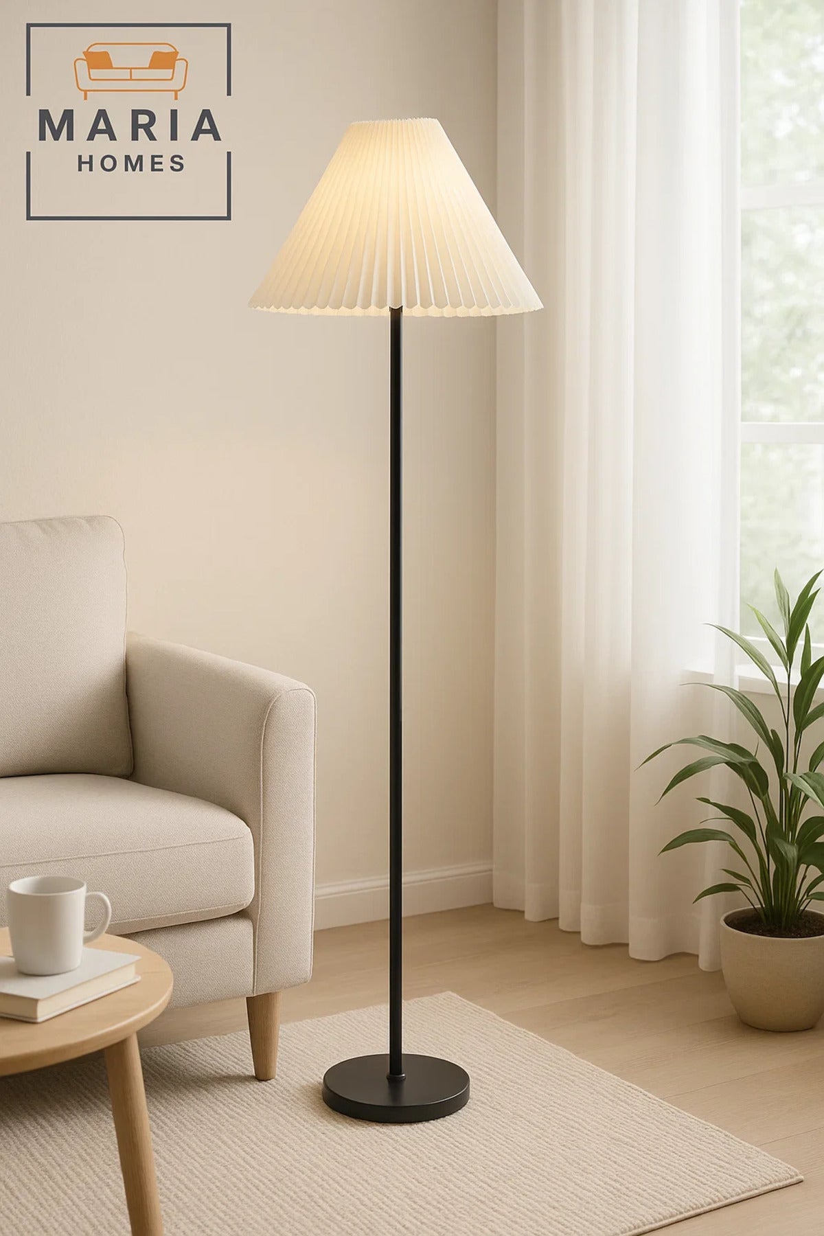 Black Floor Lamp with White Pleated Shade