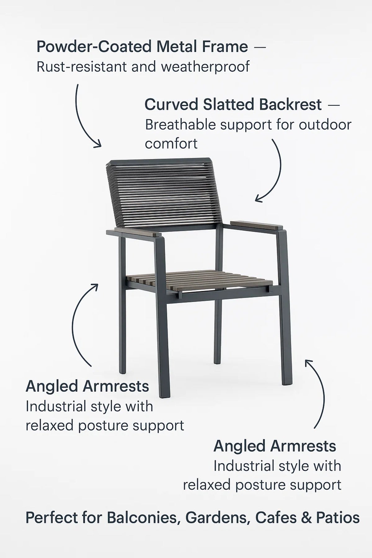 Outdoor Dining Chair with Armrest Weather Resistant Metal Frame Modern Patio Garden Chair Grey