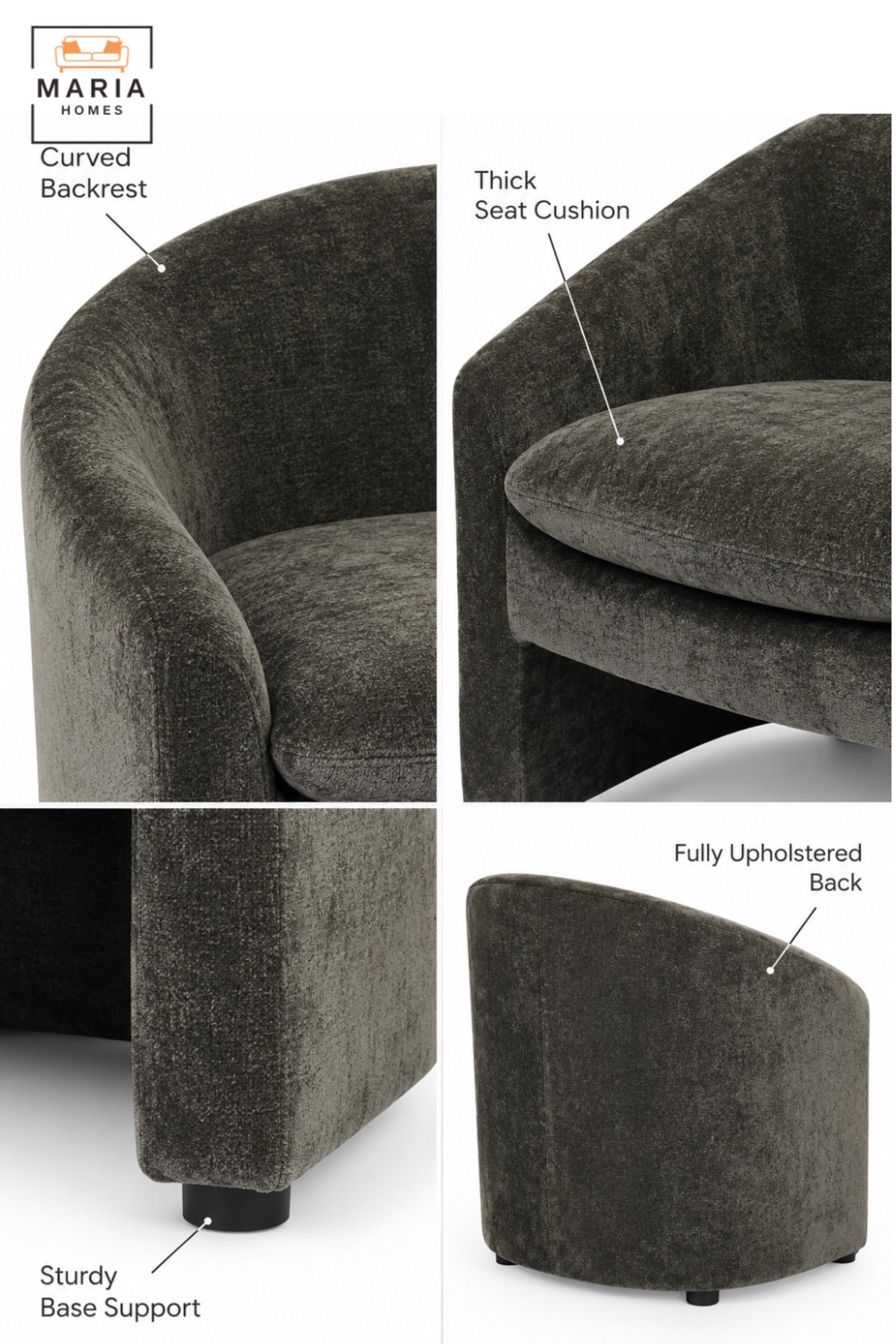 Modern Dark Grey Fabric Accent Chair with Curved Backrest, Cushioned Seat and Integrated Armrests for Living Room, Bedroom, Lounge & Reception