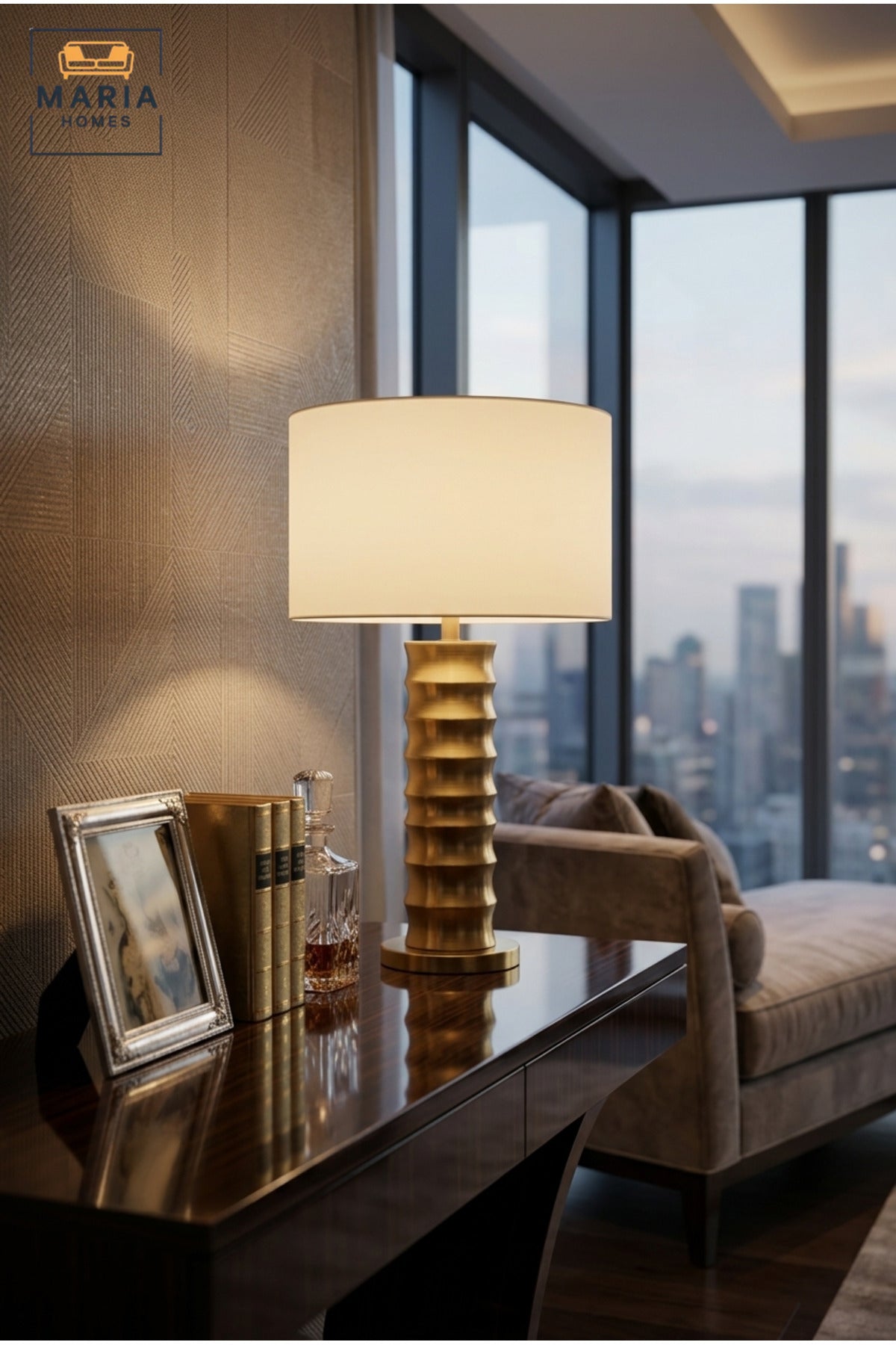 Luxury Table Lamp with Sculpted Ribbed Column Base and Fabric Drum Shade, Elegant Bedside Nightstand Lighting for Bedroom, Living Room, Office and Hotel