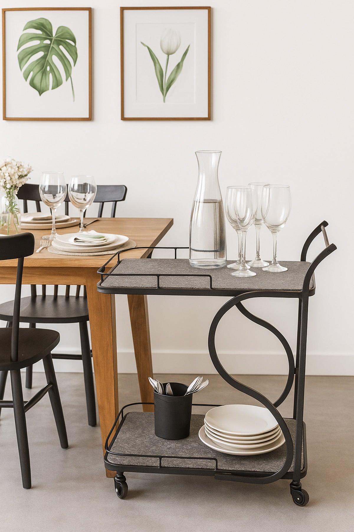 Modern Serving Trolley with Stone-Effect Shelves & Black Metal Frame Ð 2-Tier Rolling Bar Cart