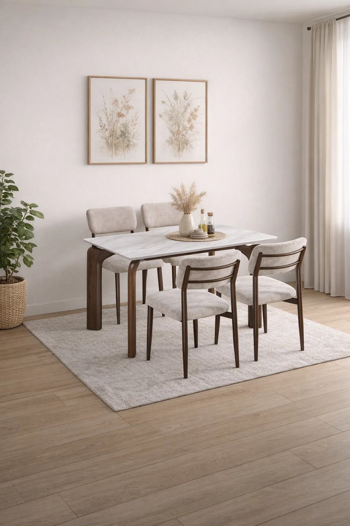 Luxury 5-Piece Dining Room Set with Marble Look Table and 4 Beige Chairs for Modern Home Interiors