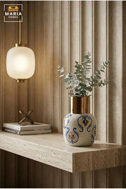 Multicolour Floral Decorative Vase, Modern Ceramic Flower Holder with Rounded Body and Metallic Neck for Living Room, Bedroom, Office and Table Décor