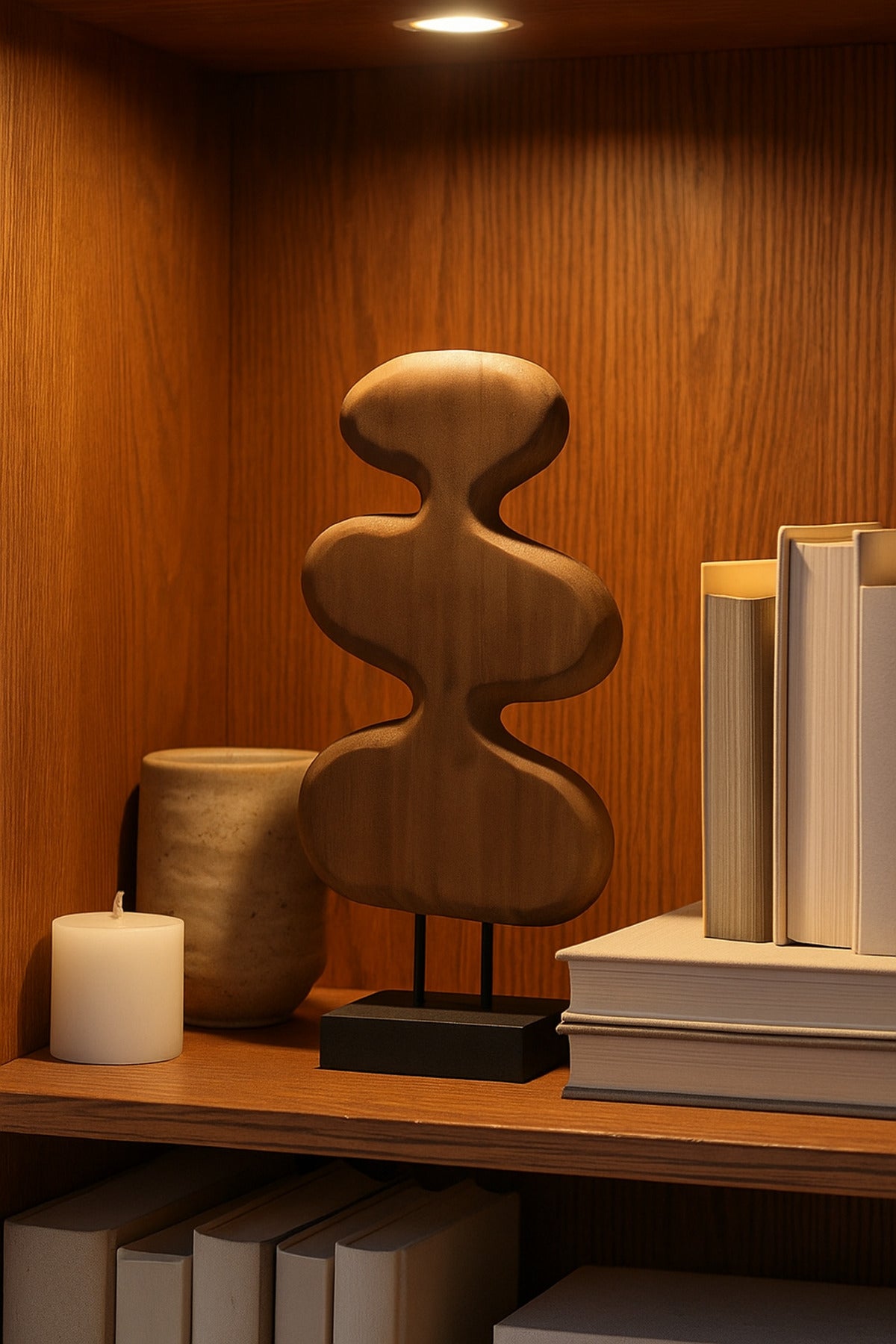 Walnut and Black Wooden Abstract Decorative Sculpture on Stand Ð Modern Artistic Accent