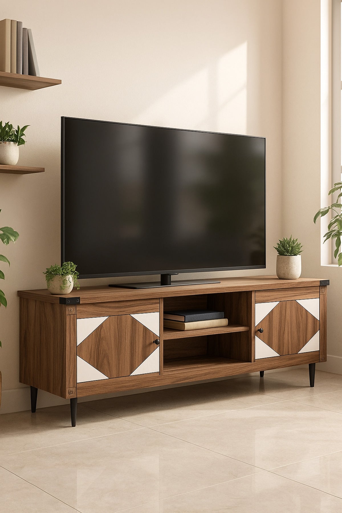 Modern Walnut TV Cabinet 160_39.5_55 cm Wooden Entertainment Unit with Geometric White Doors