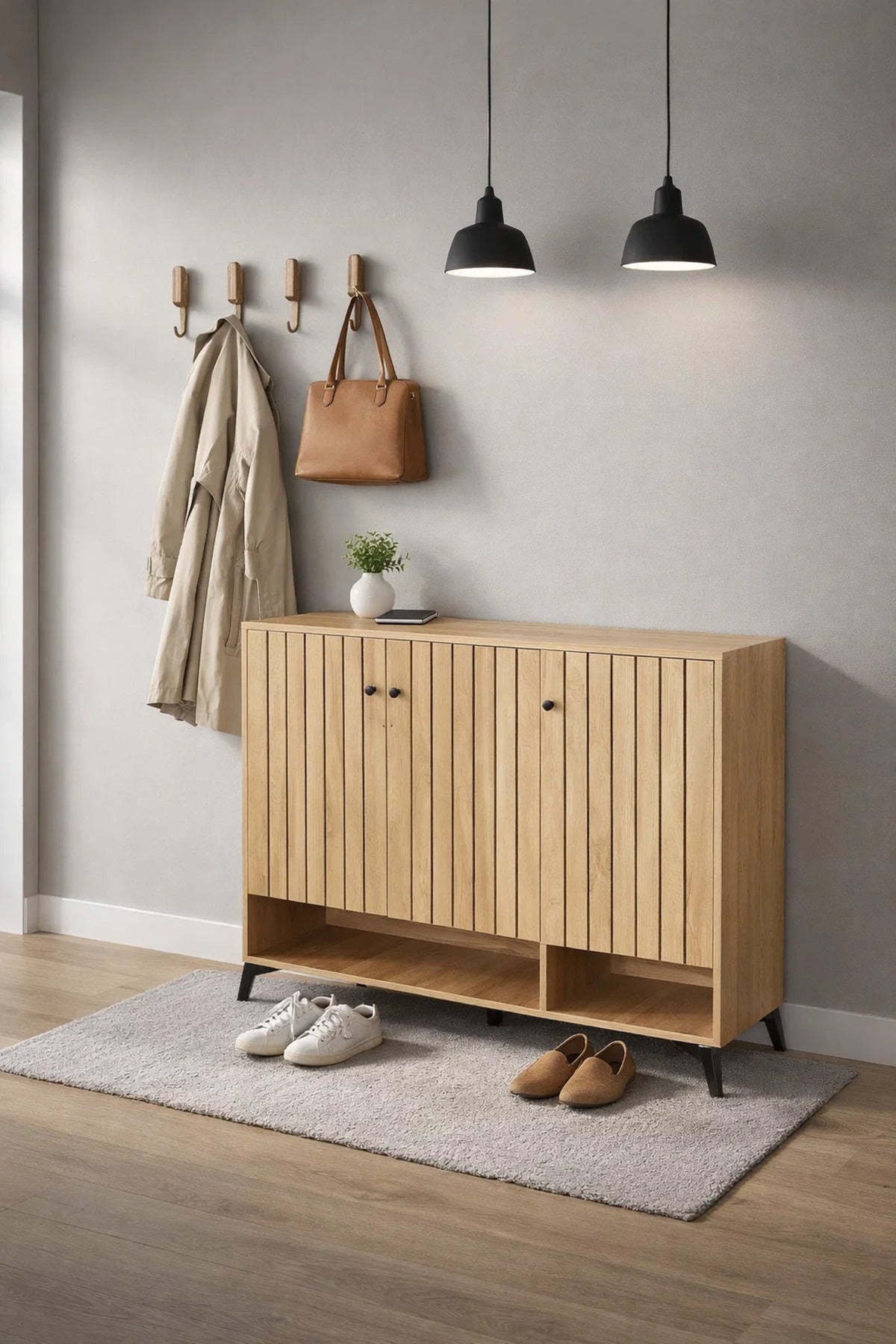 Stylish Wooden Shoe Cabinet Entryway Organizer with Slatted Doors and Metal Legs for Home Decor