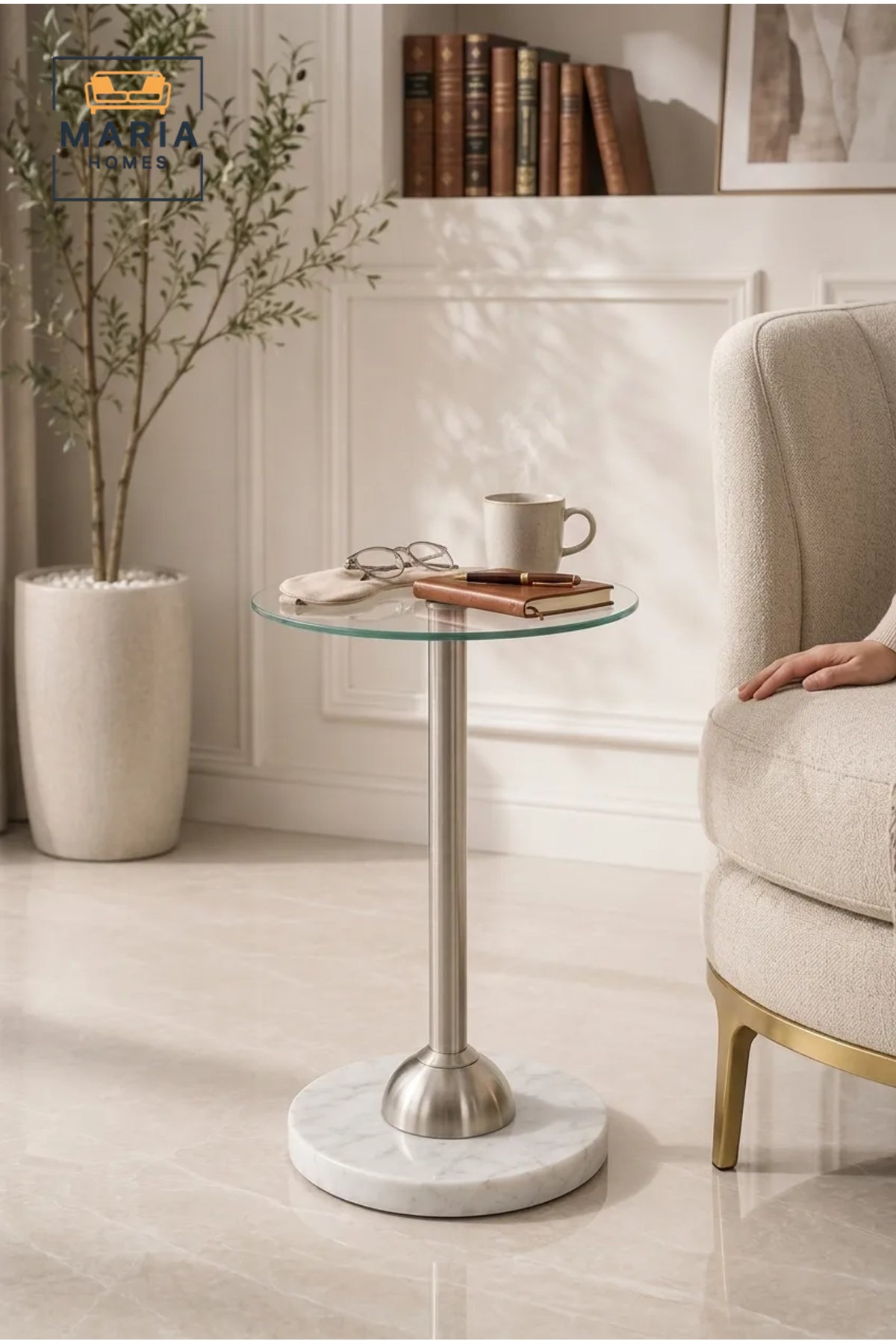 Modern Round Glass Side Table with White Marble Base and Brushed Metal Support