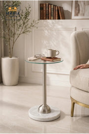 Modern Round Glass Side Table with White Marble Base and Brushed Metal Support