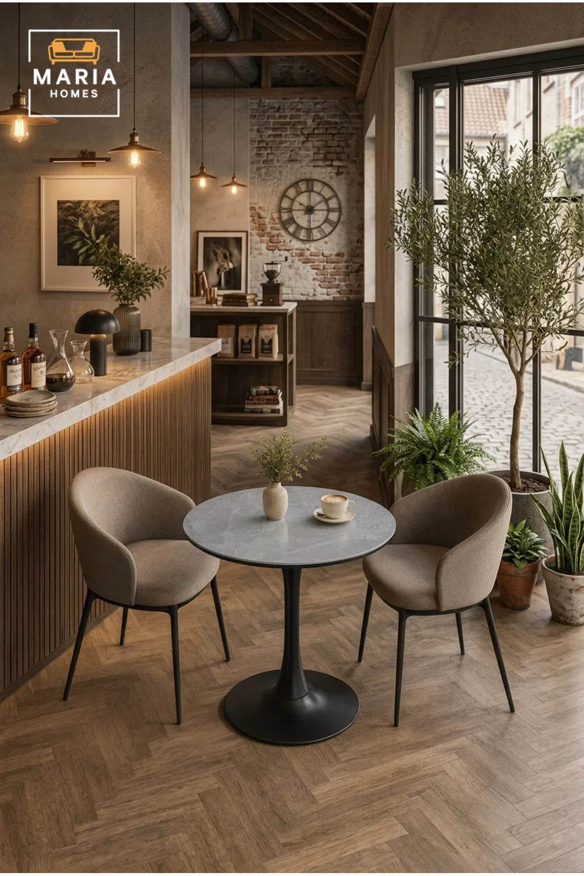 Modern Round Dining Table 70cm Grey Marble-Effect Top with Black Pedestal Base √ê Contemporary Bistro & Caf≈Ω Table