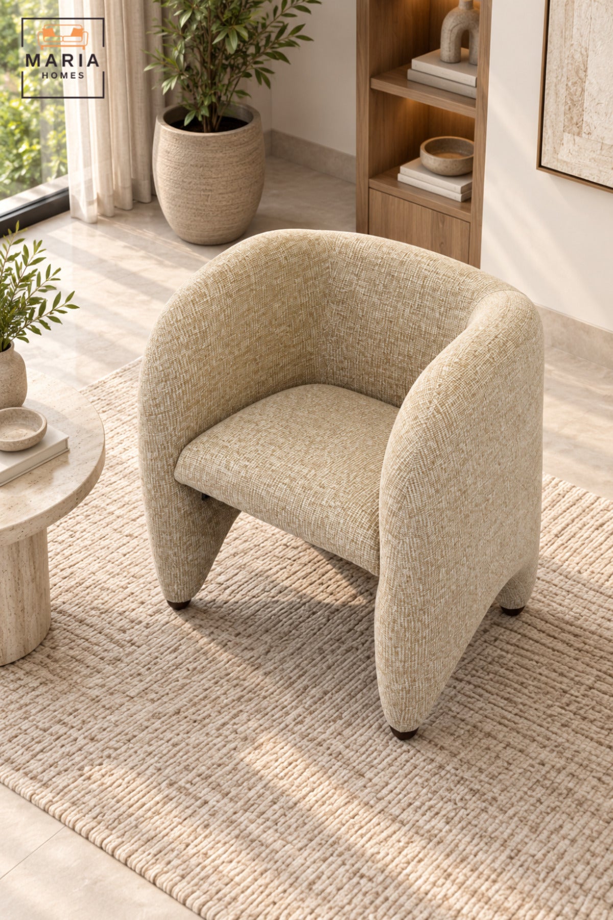 Modern Beige Upholstered Accent Chair with Curved Backrest, Padded Seat and Sculptural Design for Living Room, Bedroom, Lounge & Reception