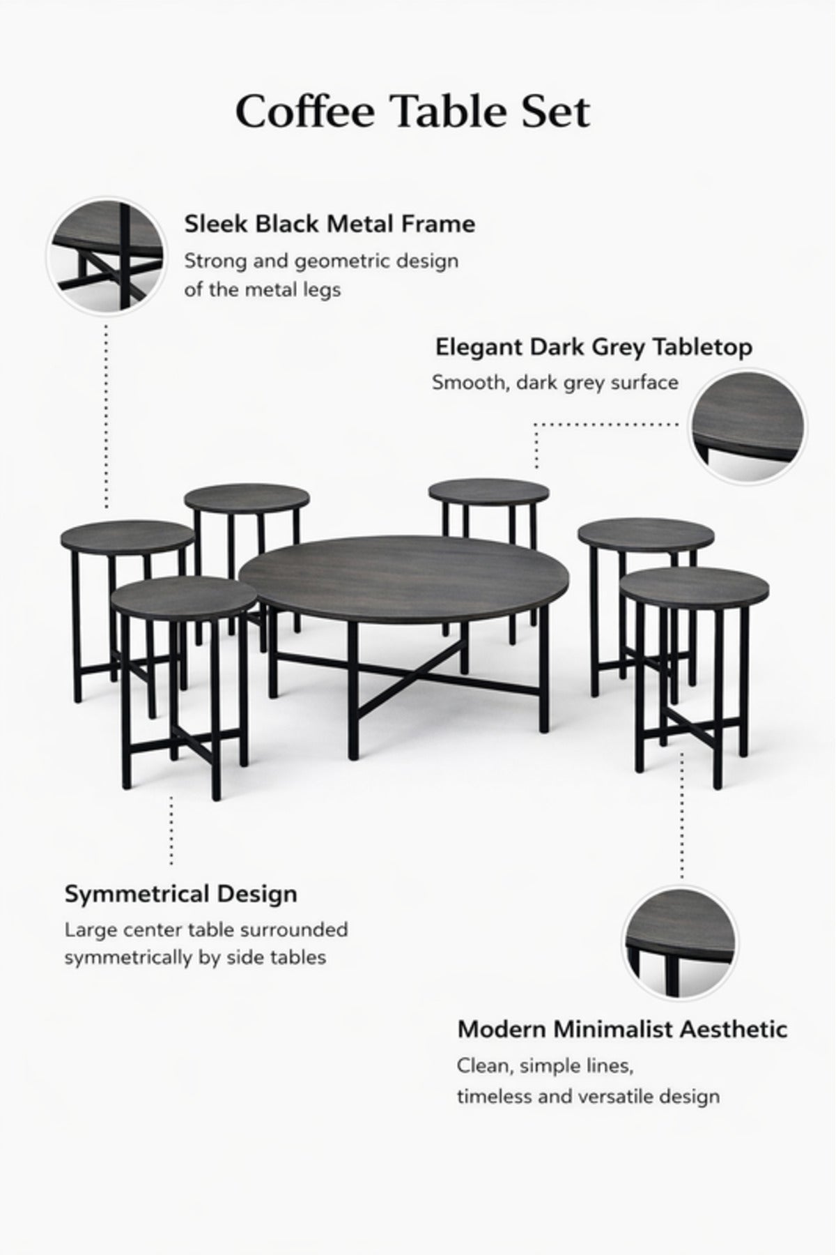 D.Grey 1+6 Coffee Table Set √ê Modern Design with 1 Large and 6 Side Tables
