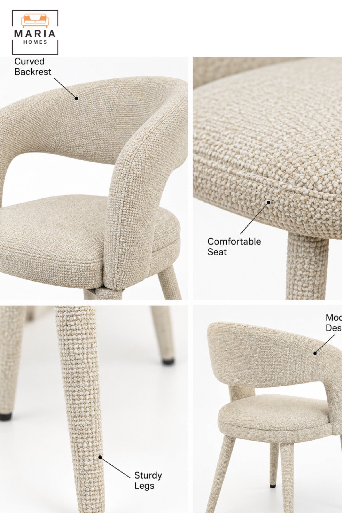 Modern Beige Upholstered Dining Chair with Curved Open Backrest, Padded Seat and Contemporary Design for Dining Room, Kitchen, Café & Restaurant
