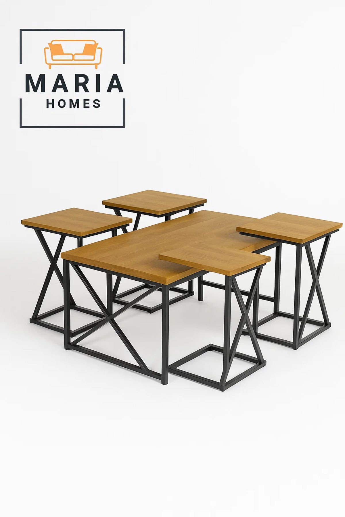 Coffee Table Set Ð Oak Finish with Black Steel Frame