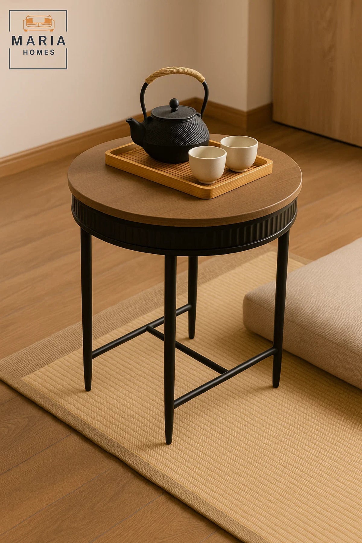 Round Wooden Side Table with Ribbed Black Edge and Cross-Leg Support