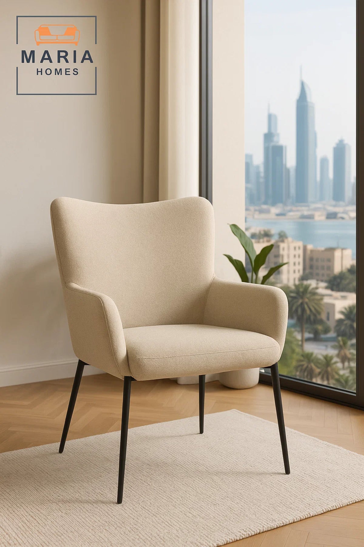 Beige High Back Fabric Armchair Ð Upholstered Lounge Chair with Black Metal Legs for Home or Office