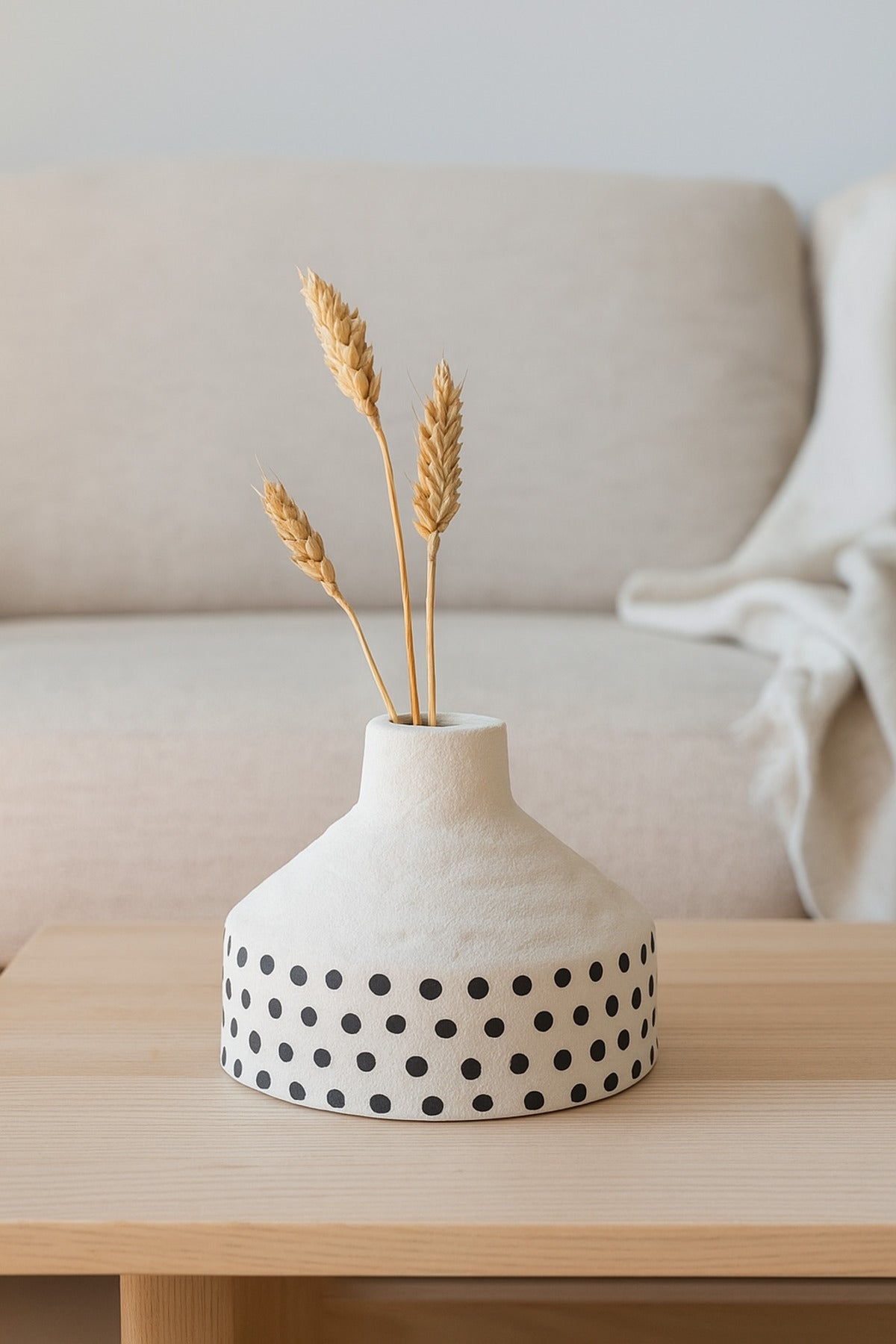 Natural White Ceramic Vase with Black Dots Ð Wide Cone Decorative Vase