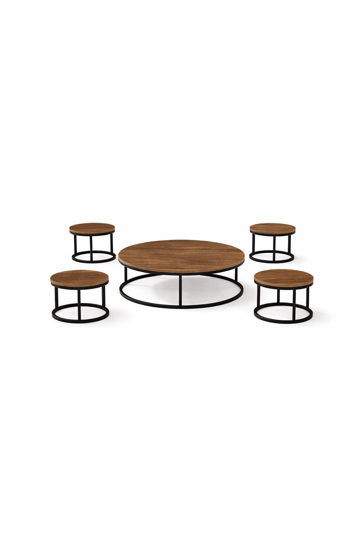 Modern Round Coffee Table Set 1+4 √ê Wood Top with Black Metal Frame