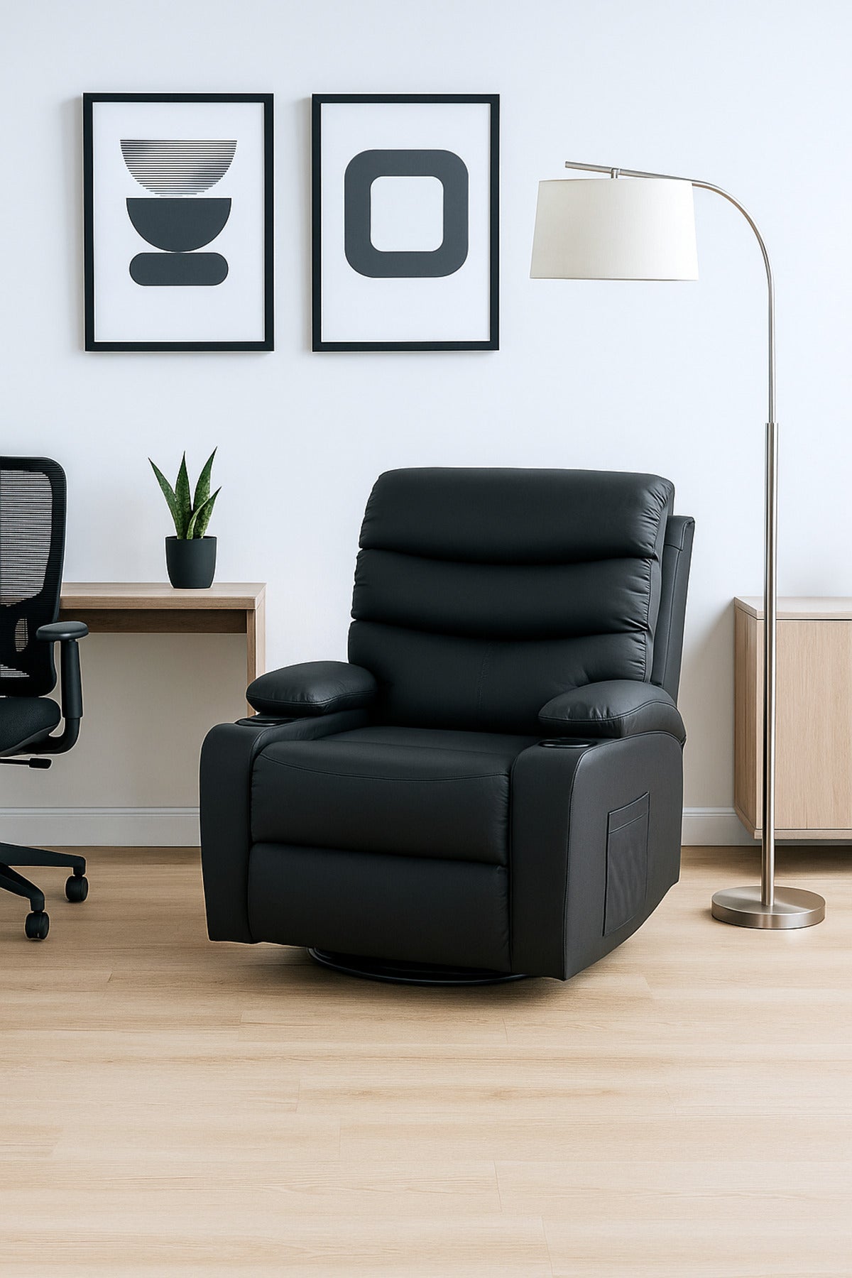 Black PU Leather Recliner Chair Comfortable Swivel and Reclining Armchair for Living Room & Home