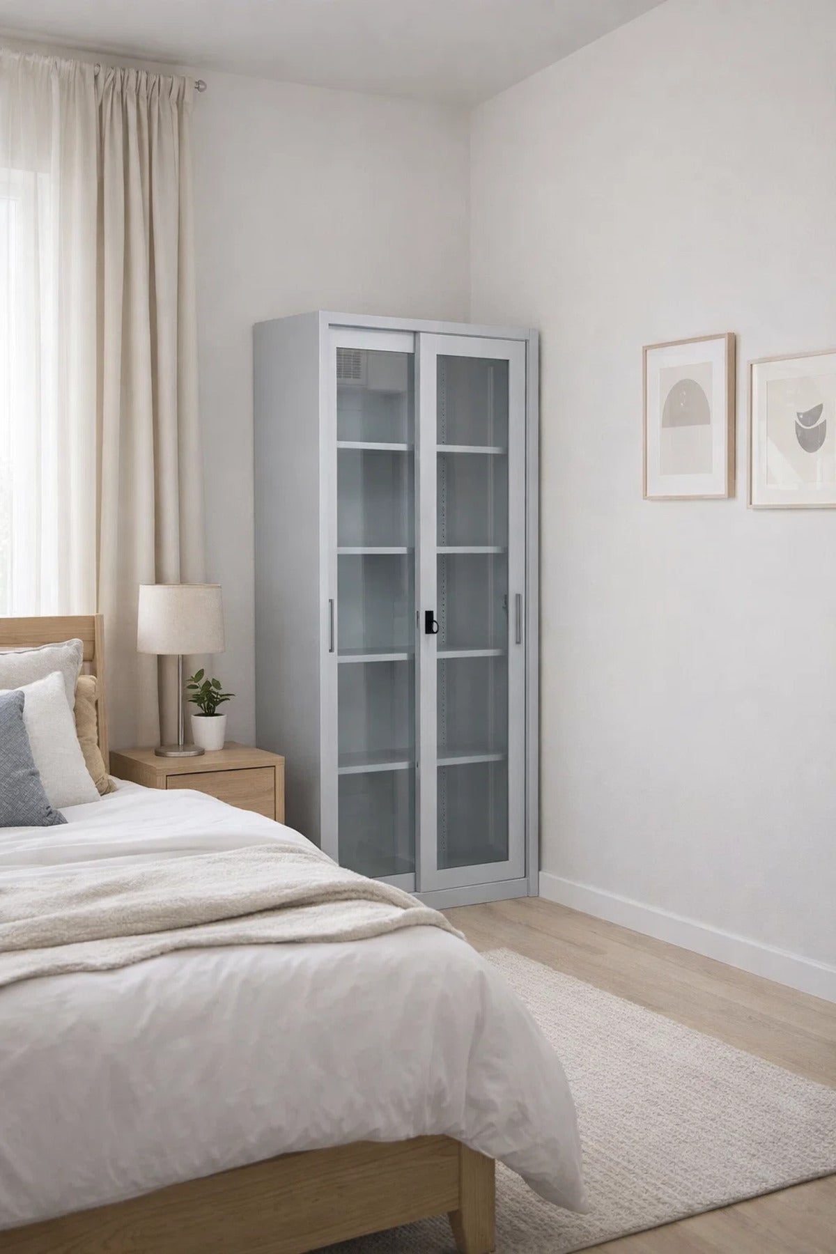 Grey Metal Office Wardrobe Cabinet with Sliding Glass Doors Lockable Storage 185cm Organization