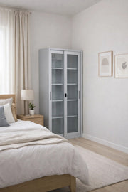 Grey Metal Office Wardrobe Cabinet with Sliding Glass Doors Lockable Storage 185cm Organization