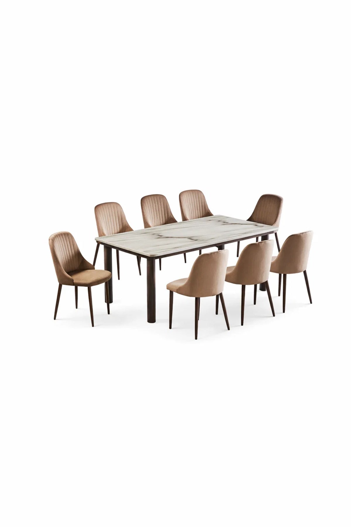 Modern 9-Piece Dining Set with Marble Top Table and 8 Brown Velvet Chairs for Luxury Home Dining