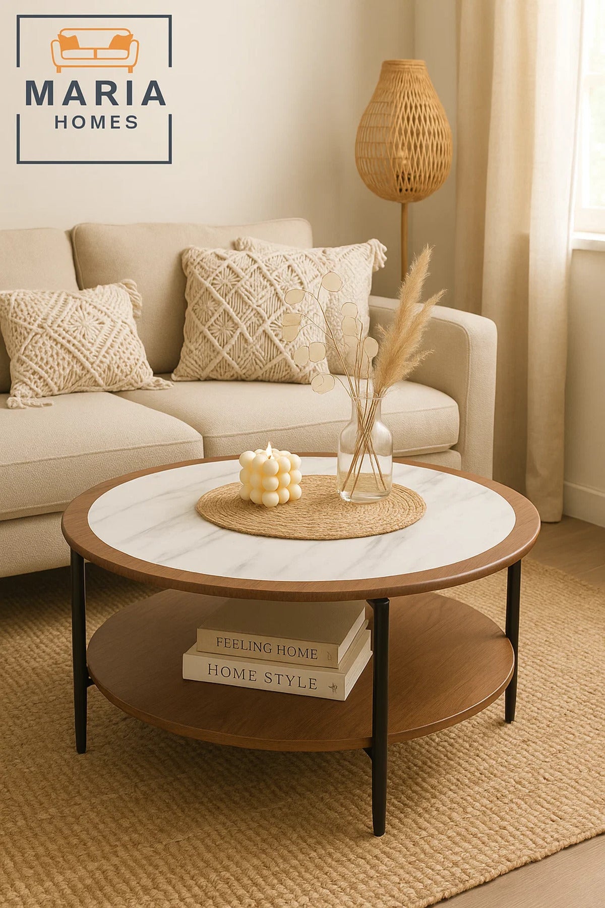 Elegant marble and walnut round coffee table with shelf