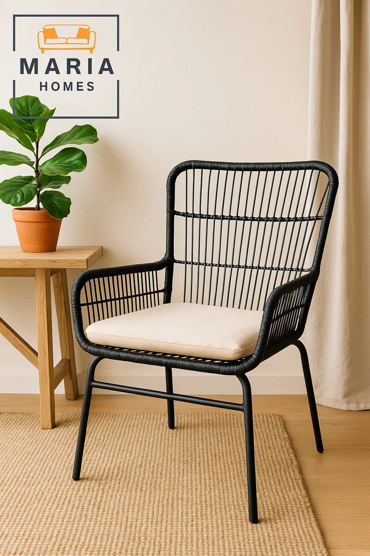 Black Rattan Lounge Chair with Soft Beige Cushion Ð Indoor Outdoor Seating with Metal Frame Design