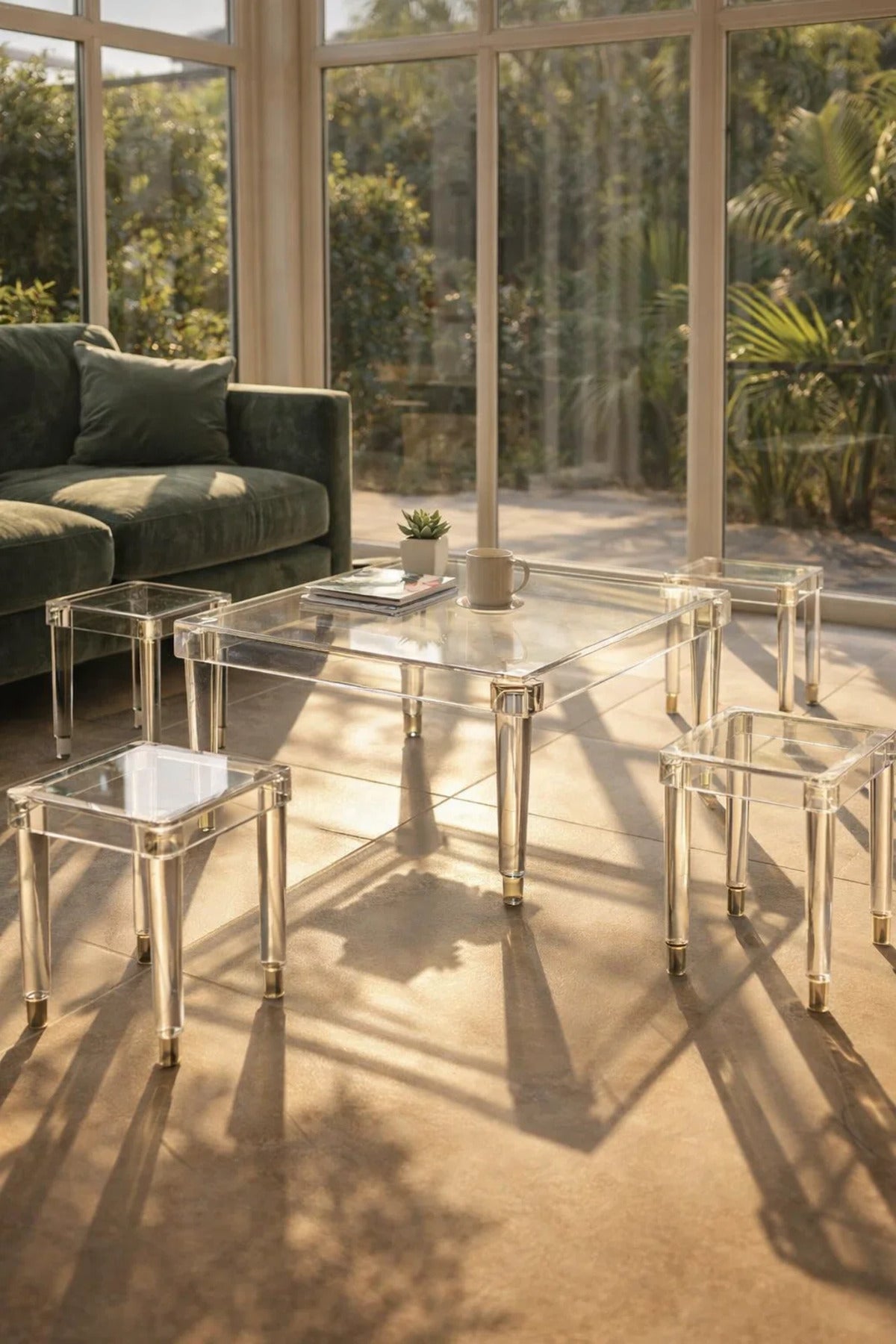 Modern Clear Acrylic Console Table Set 1+4 Square Coffee & Side Tables for Luxury Living Room
