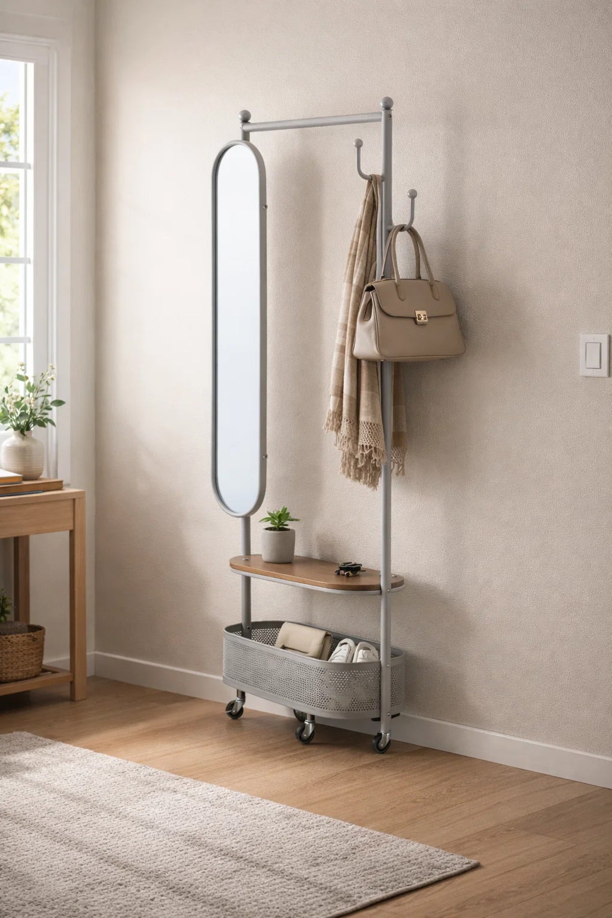 Modern Mobile Coat Rack Stand with Oval Mirror Shelf and Basket Storage for Hallway Organization