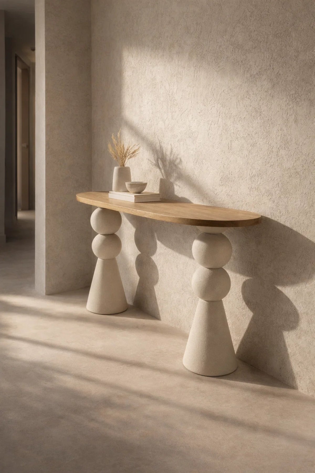 Sculptural Beige and Wood Console Table Modern Entryway Furniture for Hallway Living Room Decor