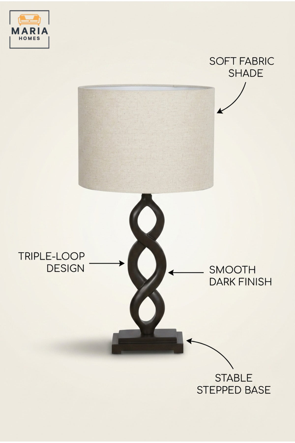 Modern Black Infinity Table Lamp with Beige Drum Fabric Shade and Sculptural Twisted Base for Bedroom, Living Room, Office, Hotel and Bedside Décor