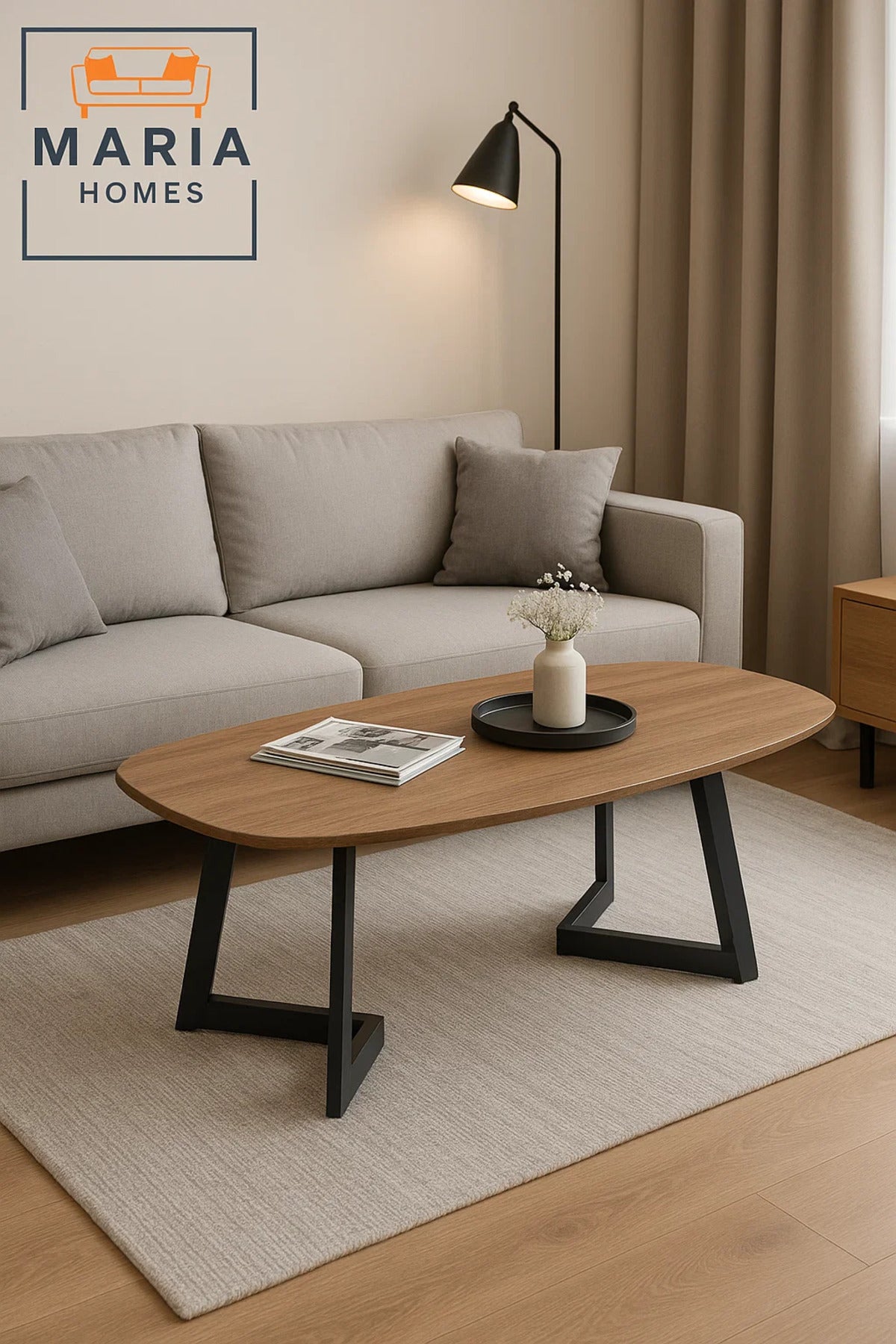 Modern Wooden Center Table 160x75x80cm Ð Oval Coffee Table with Black Metal Base for Living Room