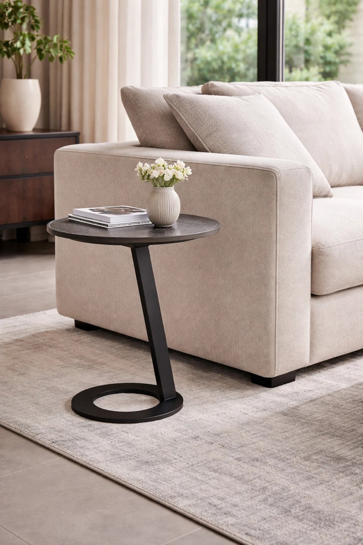 Elegant D.Grey Side Table with Sleek Metal Base, 45x45x60 CM elegant grey side