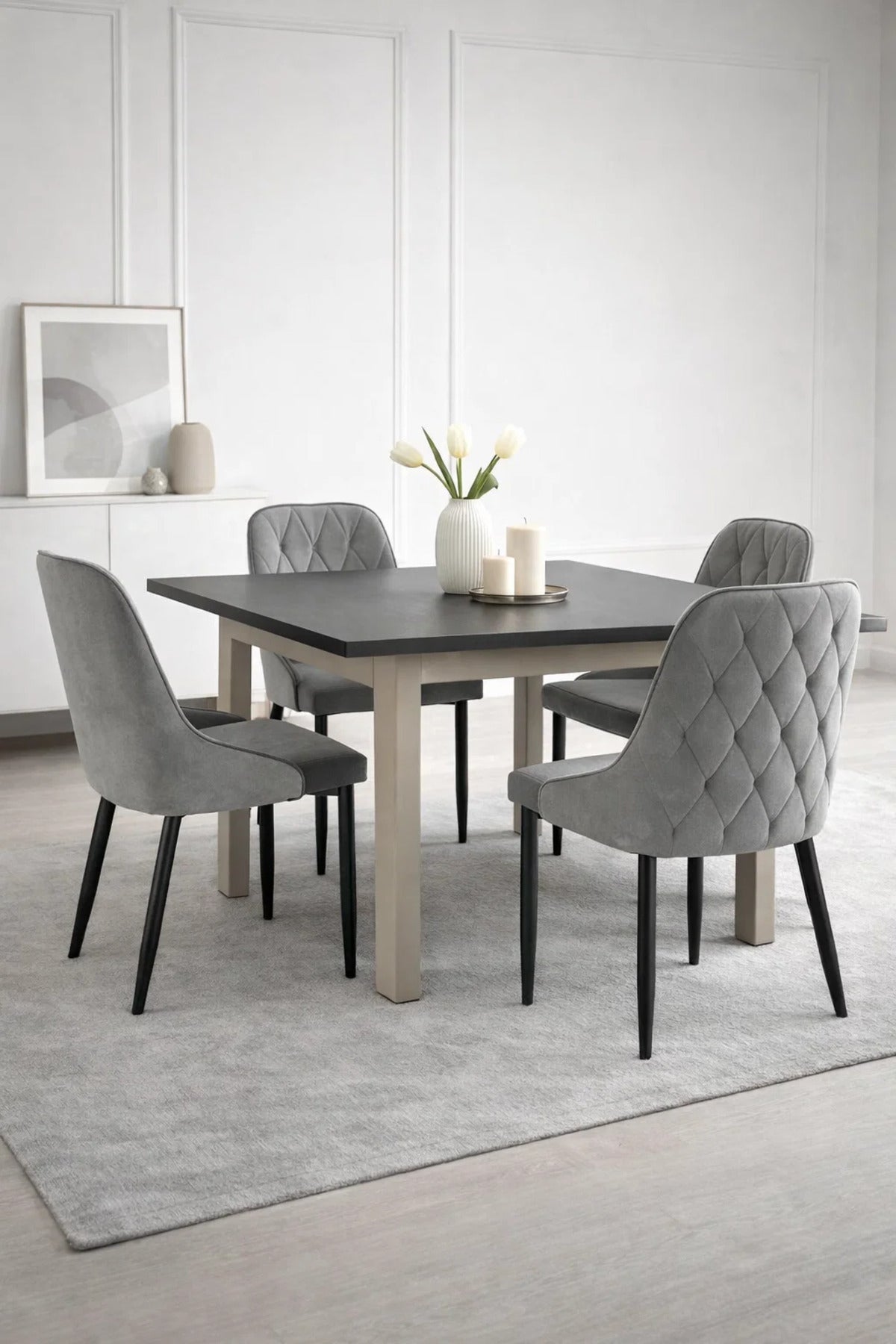 Modern Dark Grey Velvet Dining Chair Tufted Backrest Black Metal Legs Stylish Kitchen Seat Furniture