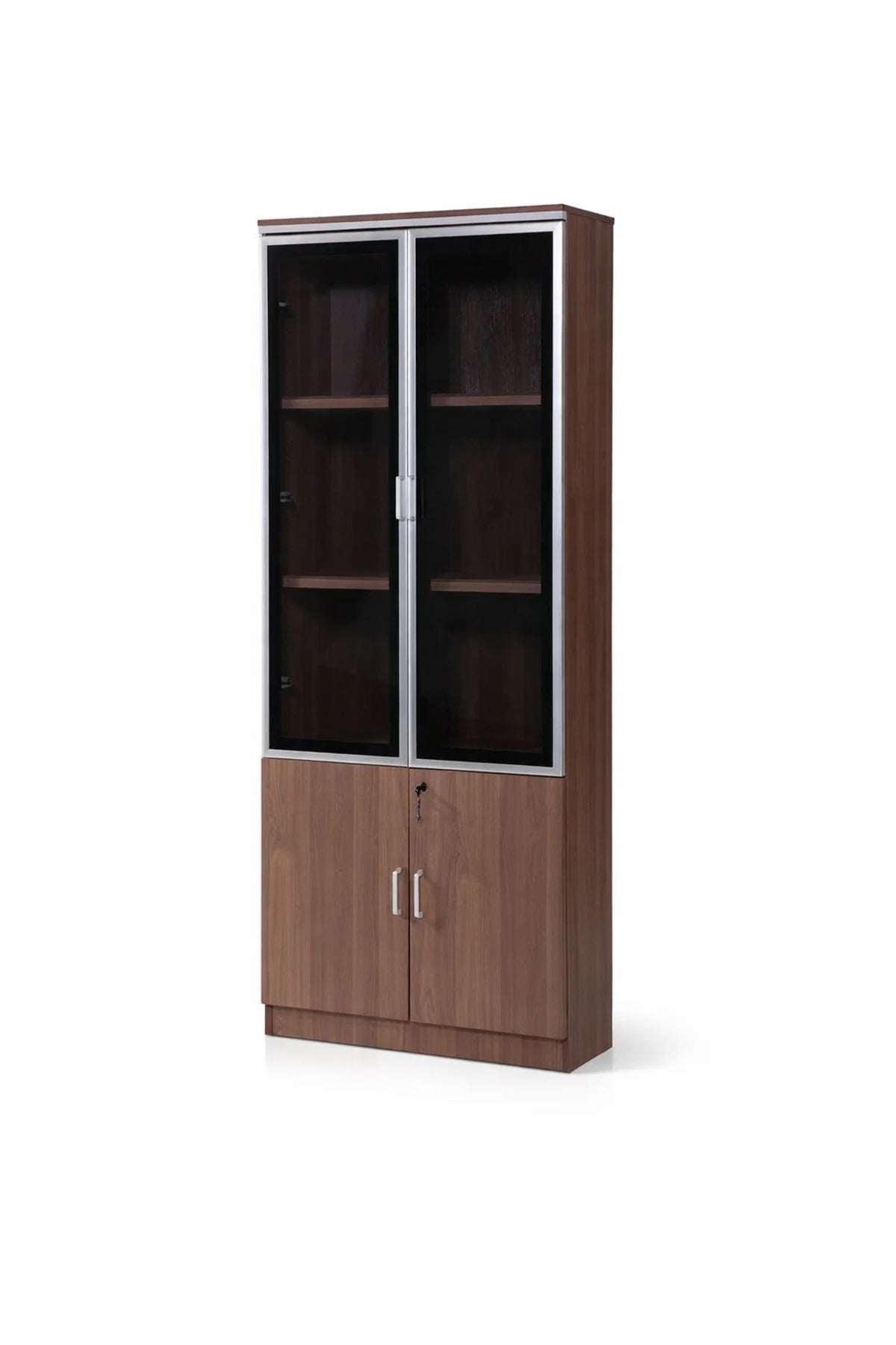 Modern Light Brown Storage Cabinet Glass Display Doors Wooden Office File Organizer Cupboard 190cm
