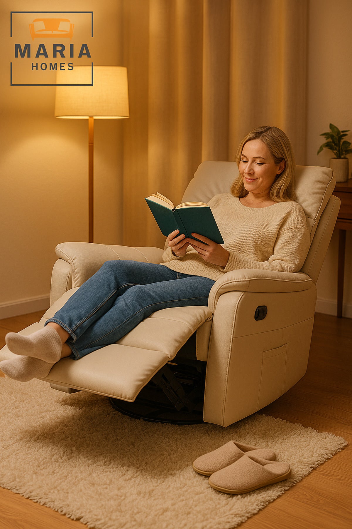 Beige Recliner Chair Ð Swivel & Recline Armchair with Side Pocket for Living Room