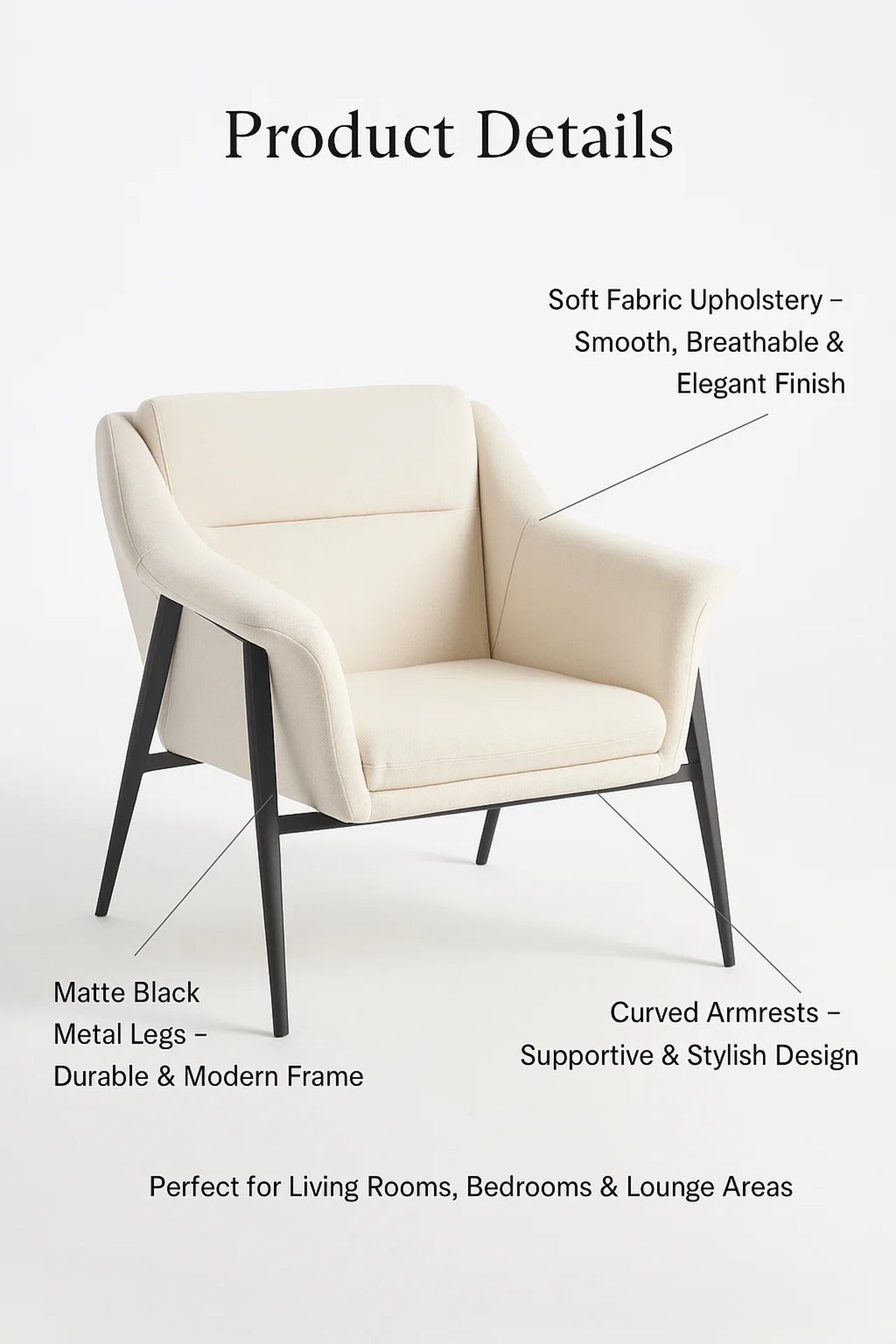 Cream Fabric Lounge Chair, Modern Armchair for Living Room, Bedroom, Entryway & Office Cabin