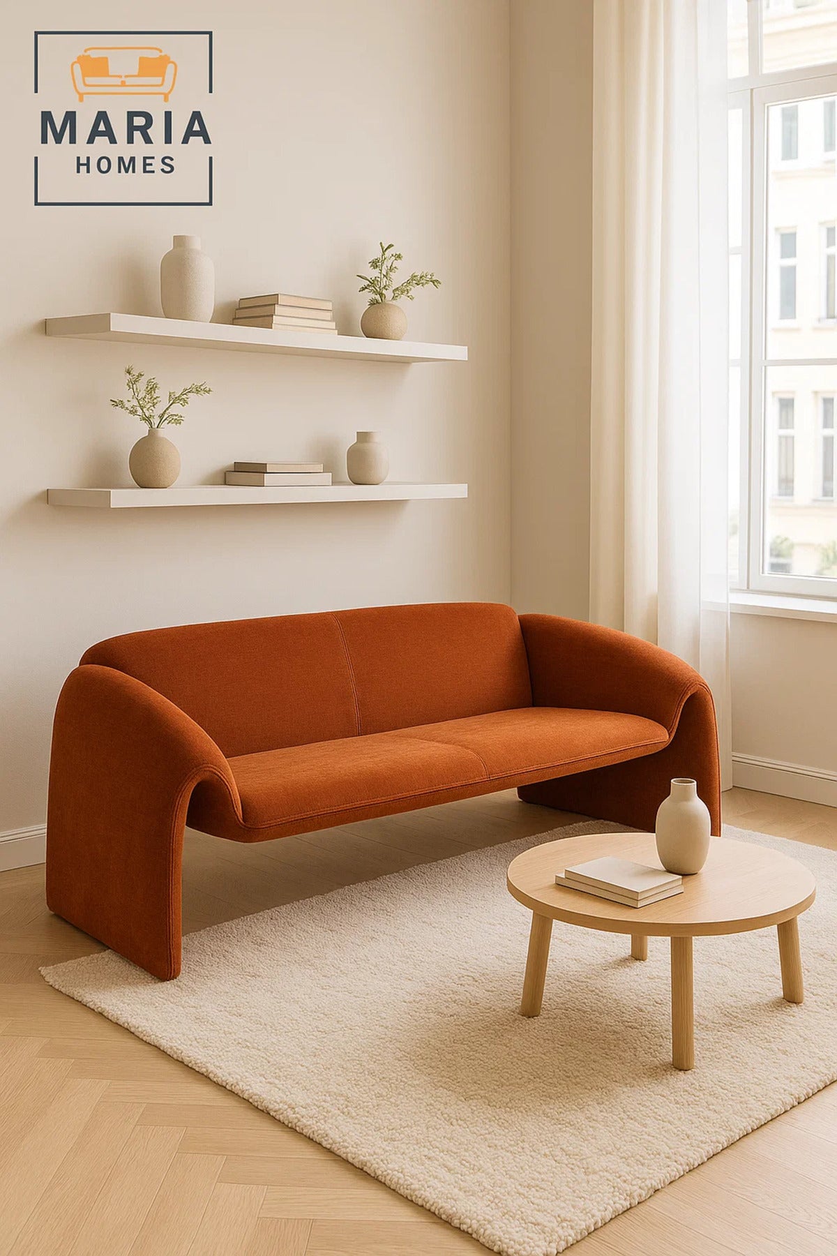 Modern Orange Sofa √ê Curved Fabric 3-Seater for Living Room & Lounge Spaces