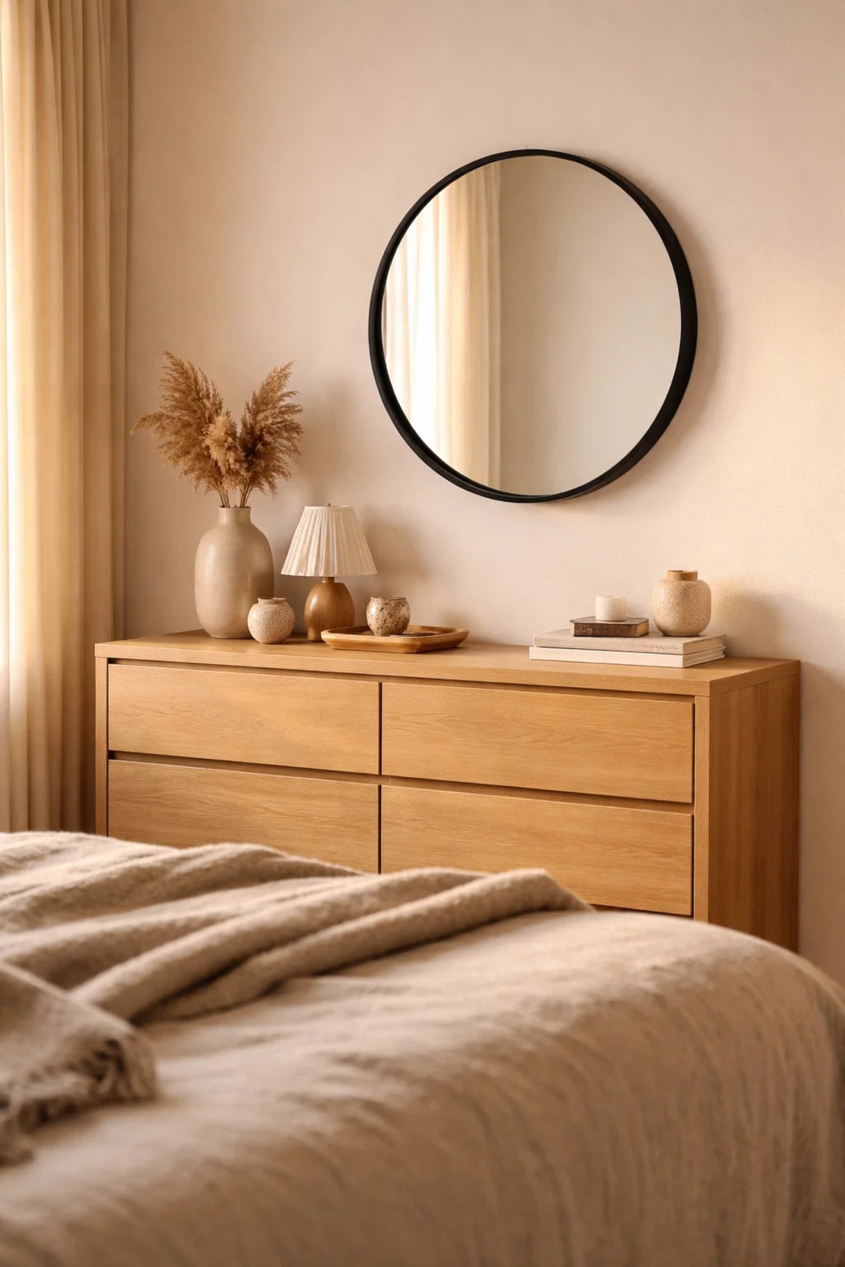 Modern Black Round Wall Mirror 70cm Wooden Frame Decorative Circle Mirror for Bathroom Bedroom