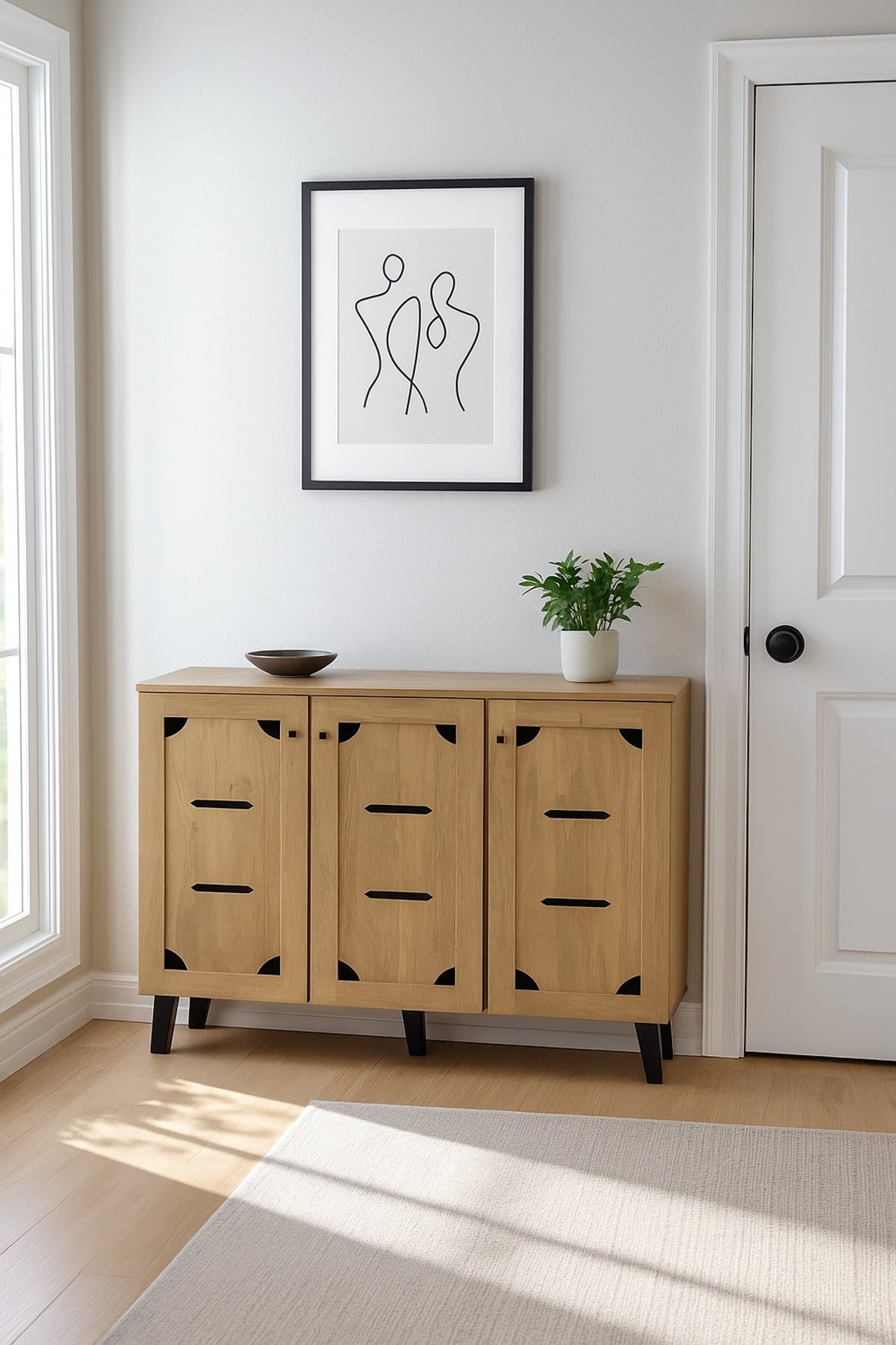 Light Brown Wooden Sideboard Cabinet Ð 3-Door Storage Unit with Modern Cutout Design 120_32_94 cm