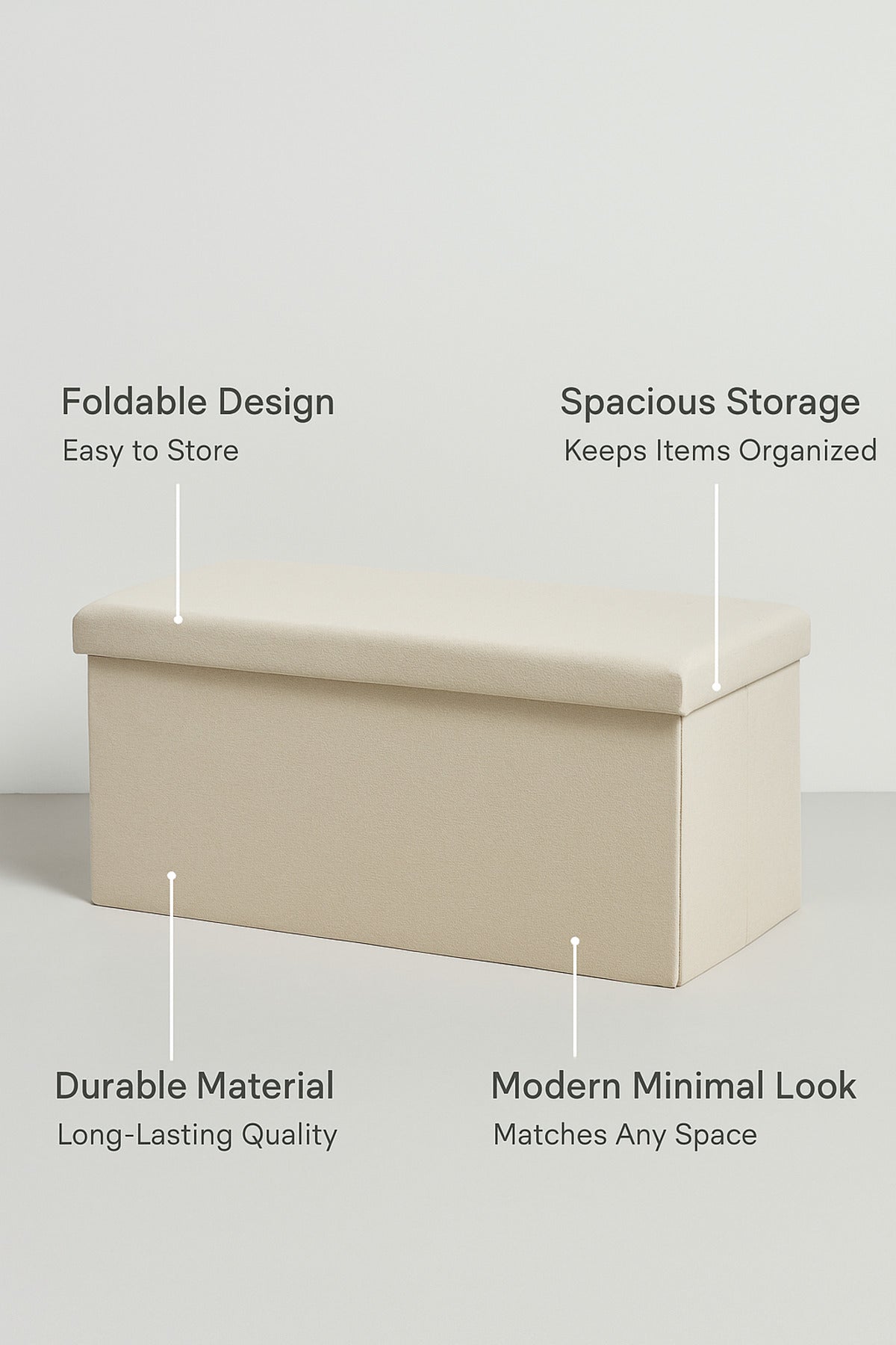White Foldable Storage Ottoman Bench 76_38_38 cm Ð Multipurpose Fabric Seat with Hidden Storage