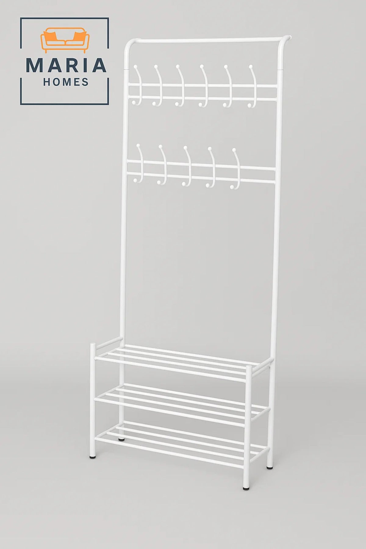 White Coat Rack with 12 Hooks & Metal Shoe Rack Ð 190x79x28 cm